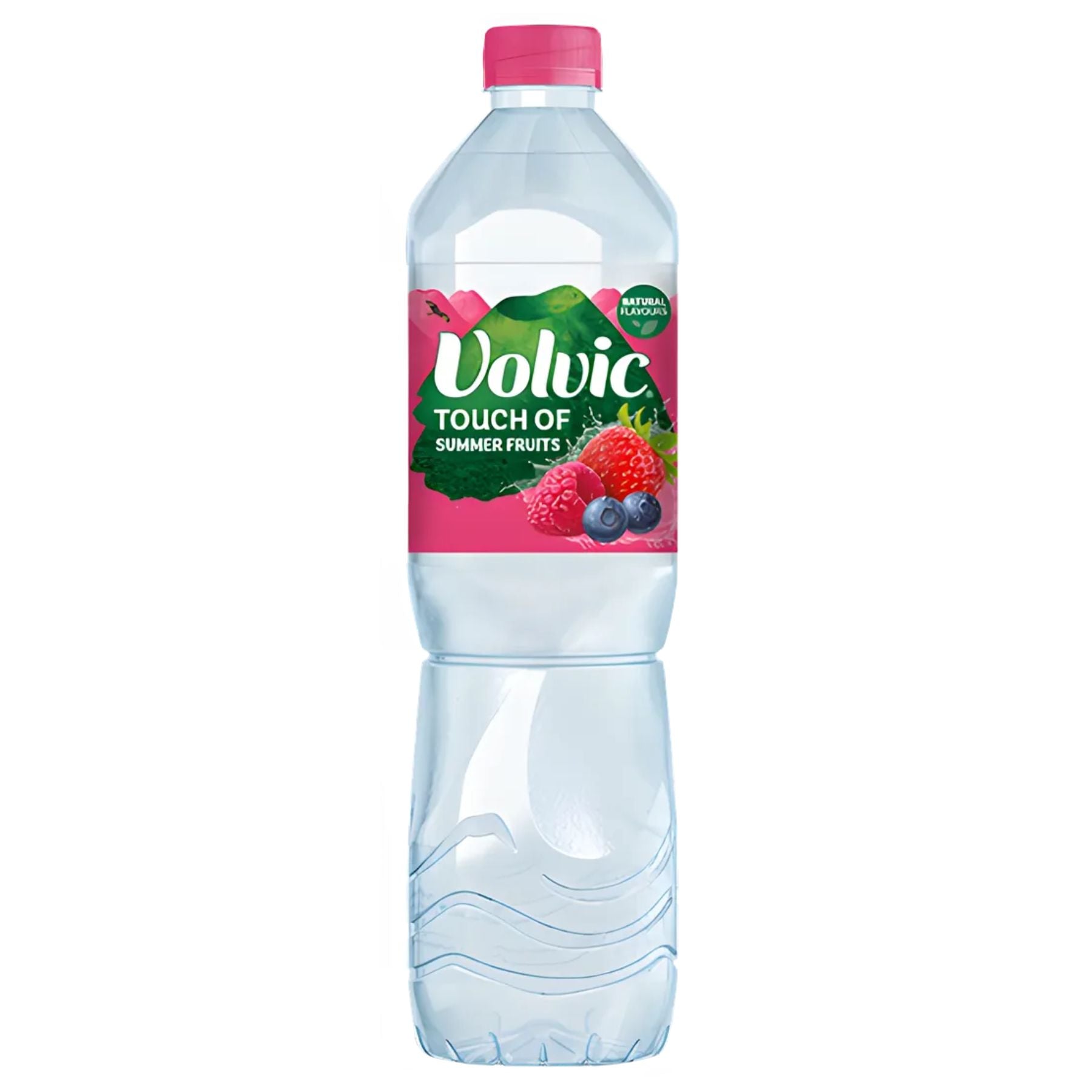 A 1.5L clear plastic bottle of Volvic Touch of Summer Fruits Flavoured Water with a pink cap and a berry-themed label. A 1.5L clear plastic bottle of Volvic Touch of Summer Fruits Flavoured Water with a pink cap and a berry-themed label.