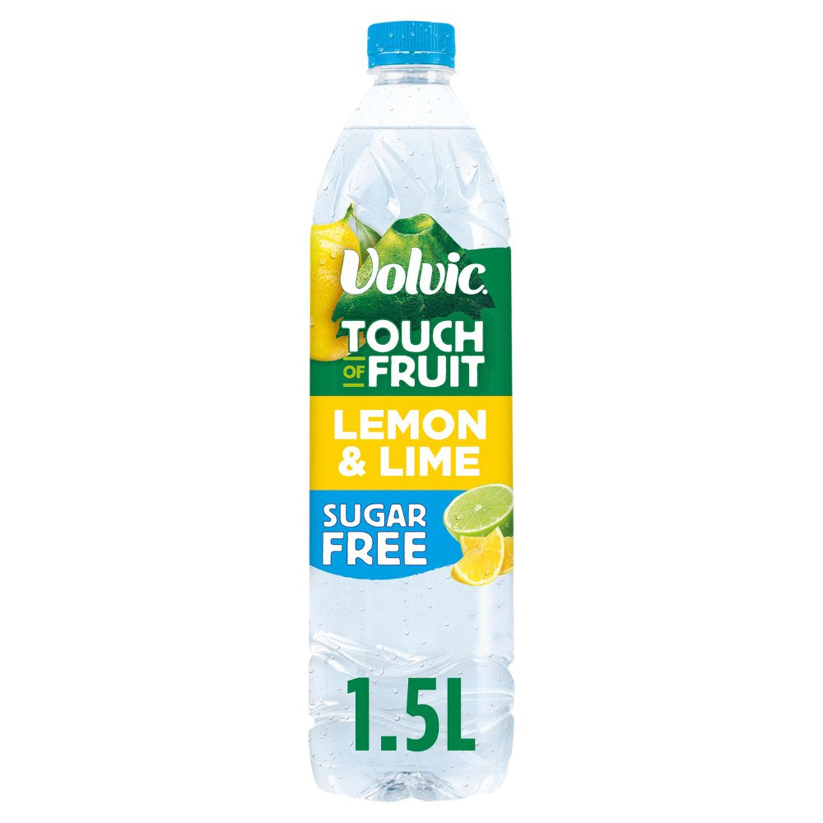 A 1.5L bottle of Volvic Touch of Fruit Sugar Free Lemon & Lime Natural Flavoured Water, featuring lemon and lime images on the packaging. A 1.5L bottle of Volvic Touch of Fruit Sugar Free Lemon & Lime Natural Flavoured Water, featuring lemon and lime images on the packaging.
