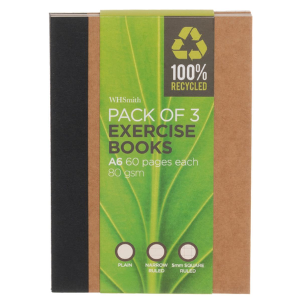A pack of 3 WHSmith - Recycled A6 Exercise Books with a black cover. A pack of 3 WHSmith - Recycled A6 Exercise Books with a black cover.