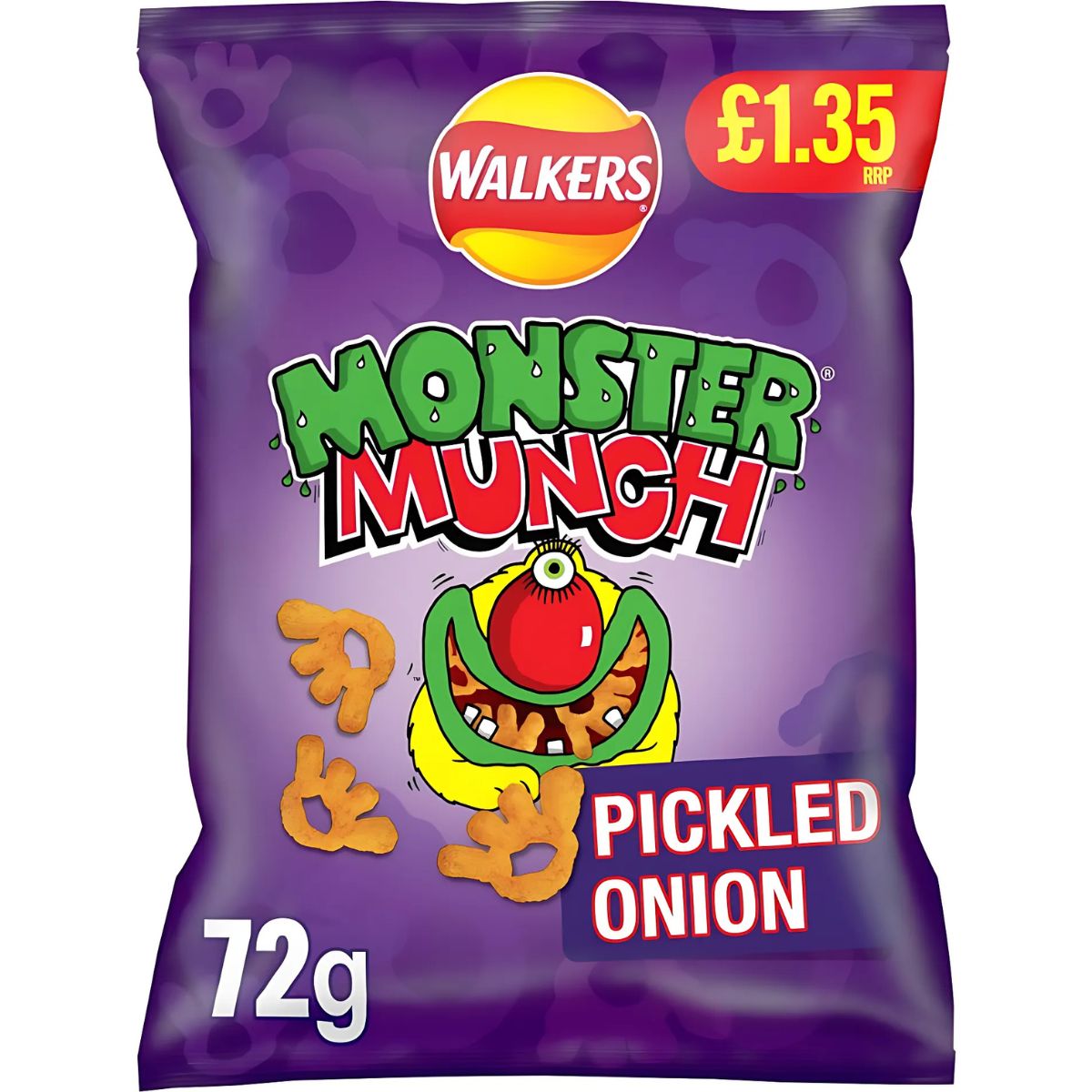 A 72g bag of Walkers - Monster Munch Pickled Onion Crisps features a purple background, cartoon monster design, is baked not fried, vegetarian-friendly, and price marked at £1.35. A 72g bag of Walkers - Monster Munch Pickled Onion Crisps features a purple background, cartoon monster design, is baked not fried, vegetarian-friendly, and price marked at £1.35.