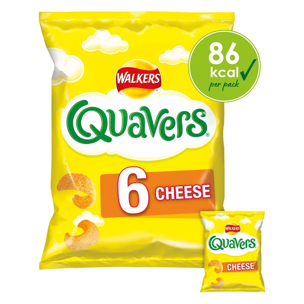 Pack of Walkers - Quavers Cheese Snacks - 6x16g, highlighting 86 kcal per pack. Pack of Walkers - Quavers Cheese Snacks - 6x16g, highlighting 86 kcal per pack.