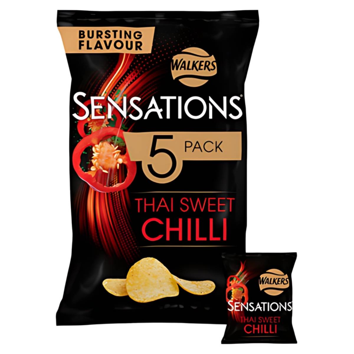 The Walkers Sensations Thai Sweet Chilli Crisps Multipack, which includes 5 individual 25g bags, is perfect for on-the-go snacking. Its packaging highlights an appealing image of crisps with vibrant chili peppers, offering a taste of exotic flavors in each bite. The Walkers Sensations Thai Sweet Chilli Crisps Multipack, which includes 5 individual 25g bags, is perfect for on-the-go snacking. Its packaging highlights an appealing image of crisps with vibrant chili peppers, offering a taste of exotic flavors in each bite.