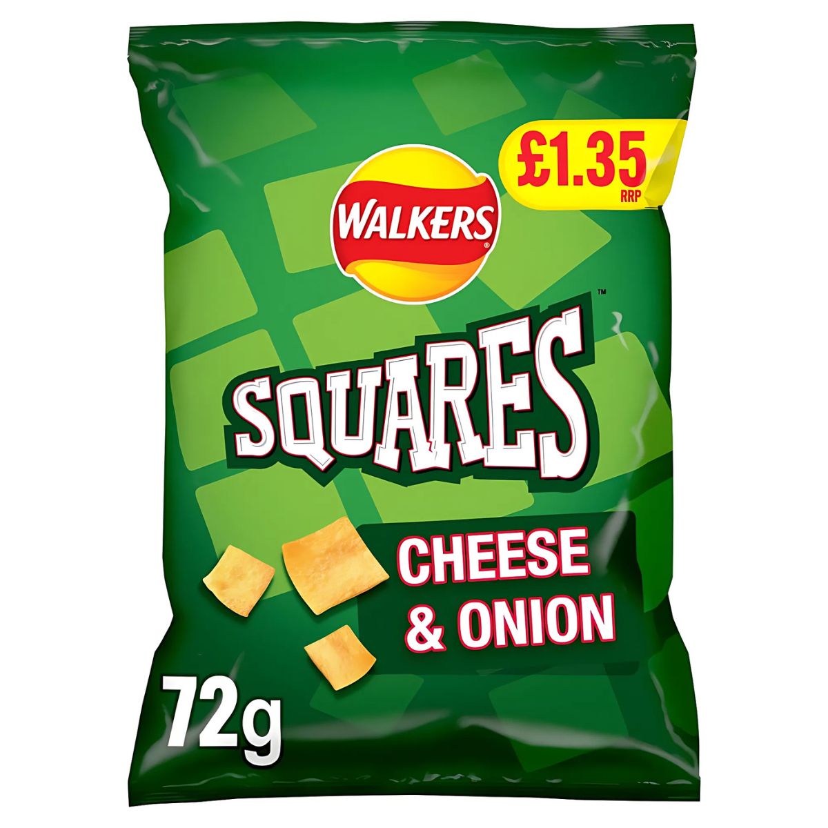 A 72g bag of Walkers - Squares Cheese and Onion Snacks with green packaging, sold for £1.35. A 72g bag of Walkers - Squares Cheese and Onion Snacks with green packaging, sold for £1.35.