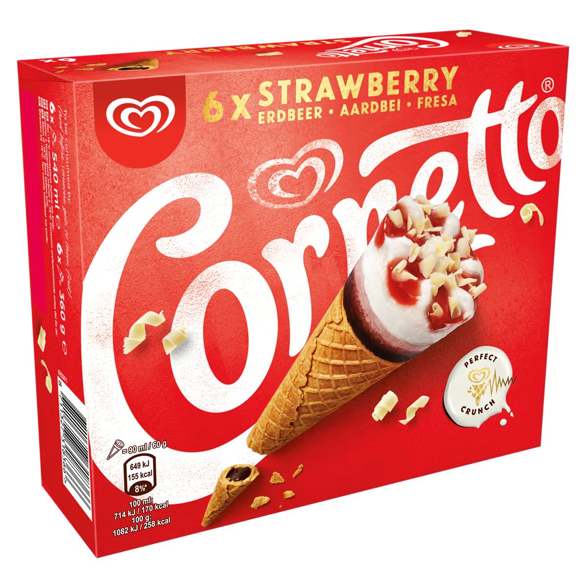 A box of Walls - Cornetto Strawberry - 6 Pieces containing 5 pieces. A box of Walls - Cornetto Strawberry - 6 Pieces containing 5 pieces.