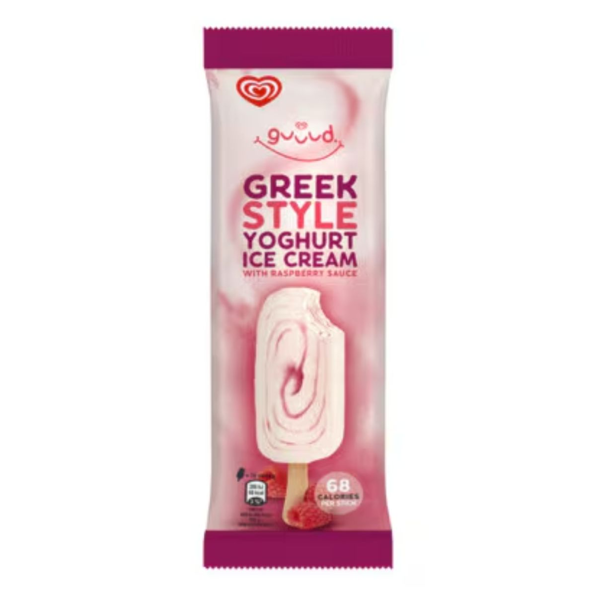 A pack of Walls - Guud Raspberry Ice Cream - 70ml, featuring an image of the product on a pink background.