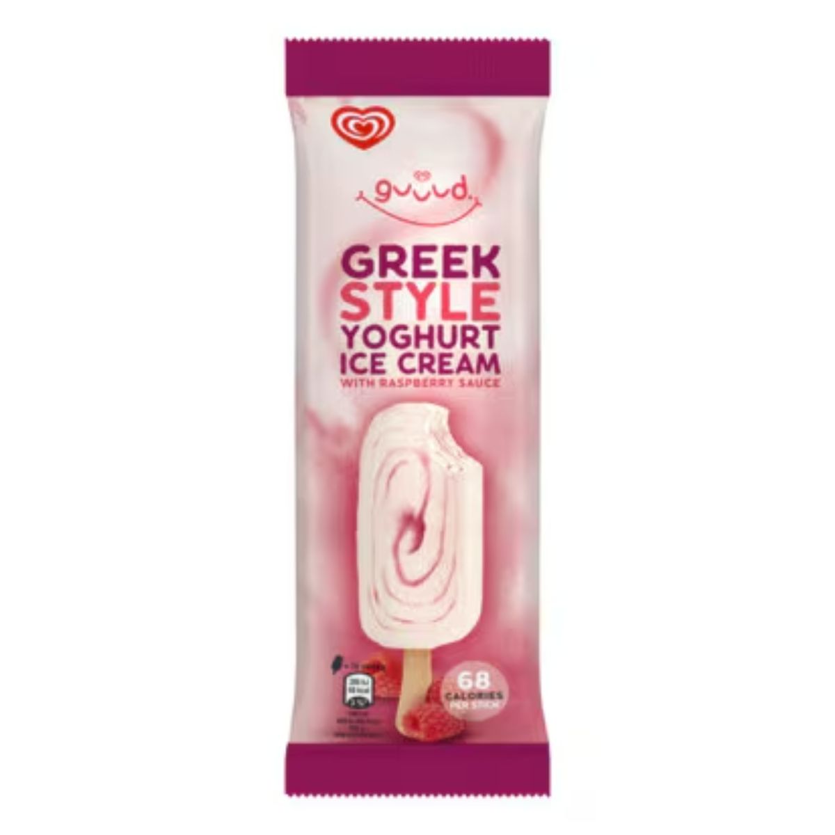 A pack of Walls - Guud Raspberry Ice Cream - 70ml, featuring an image of the product on a pink background. A pack of Walls - Guud Raspberry Ice Cream - 70ml, featuring an image of the product on a pink background.