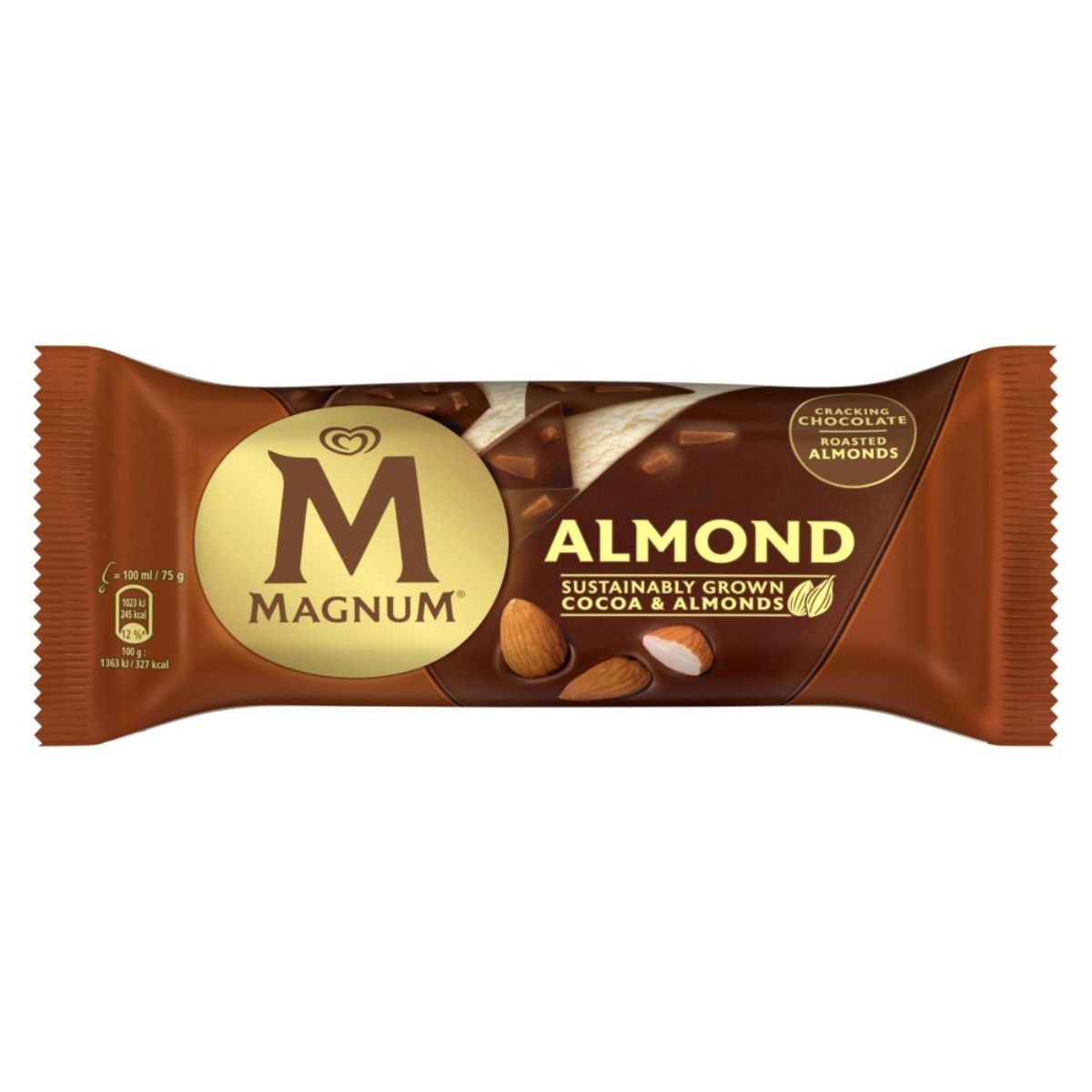 A Walls- Magnum Ice Cream Stick Almond - 100ml packaging featuring the logo and images of almonds and chocolate on a brown background. A Walls- Magnum Ice Cream Stick Almond - 100ml packaging featuring the logo and images of almonds and chocolate on a brown background.