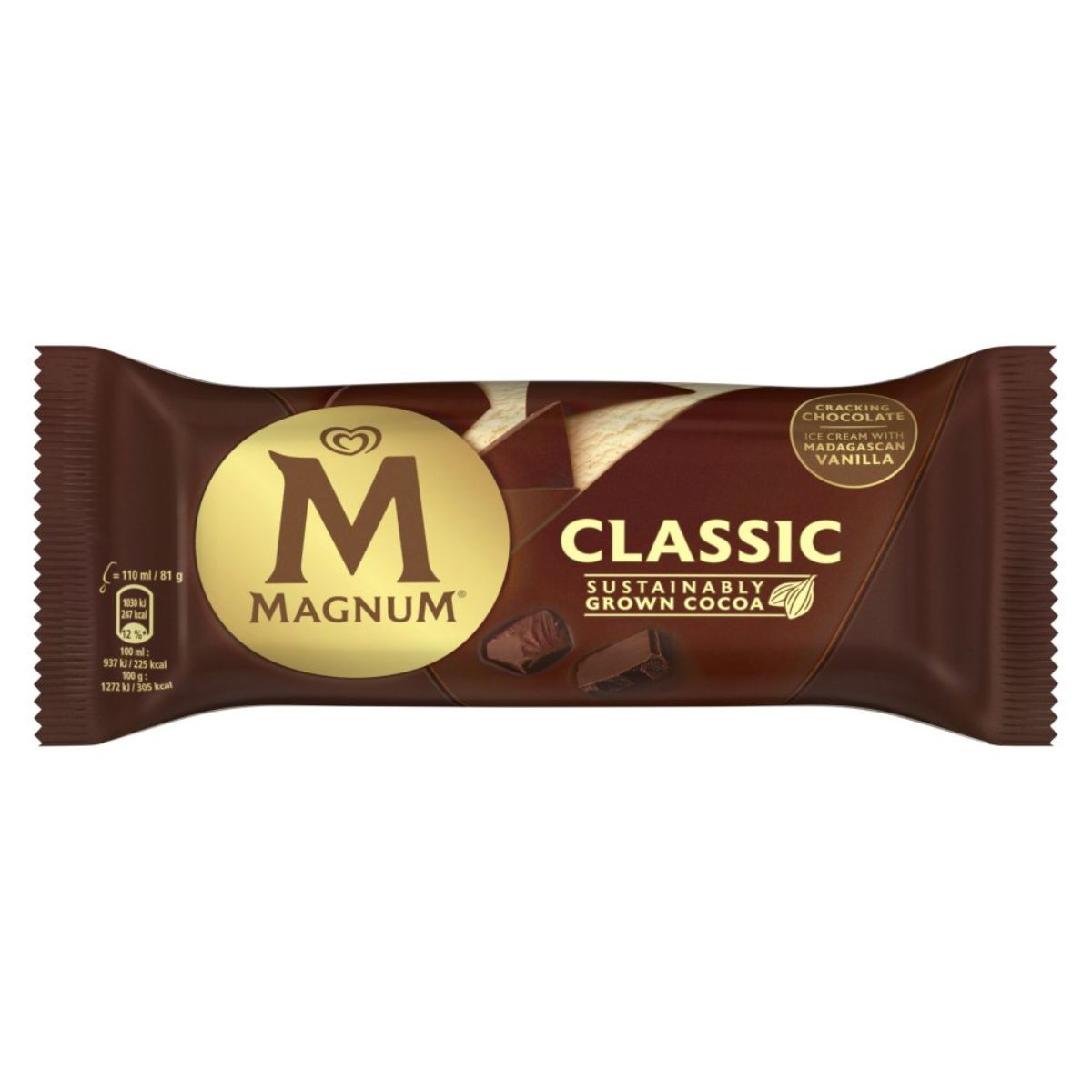 A wrapped Walls - Magnum Ice Cream Stick Classic - 110ml featuring vanilla ice cream and chocolate coating, with labels highlighting sustainably grown cocoa.