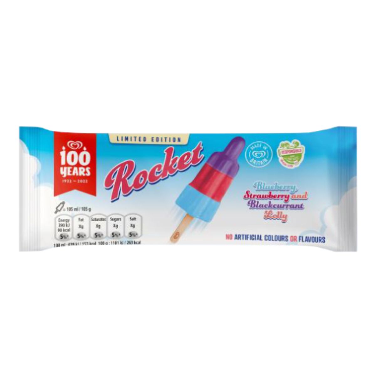 A pack of Walls - Rocket Lolly - 55ml ice pops on a white background. A pack of Walls - Rocket Lolly - 55ml ice pops on a white background.