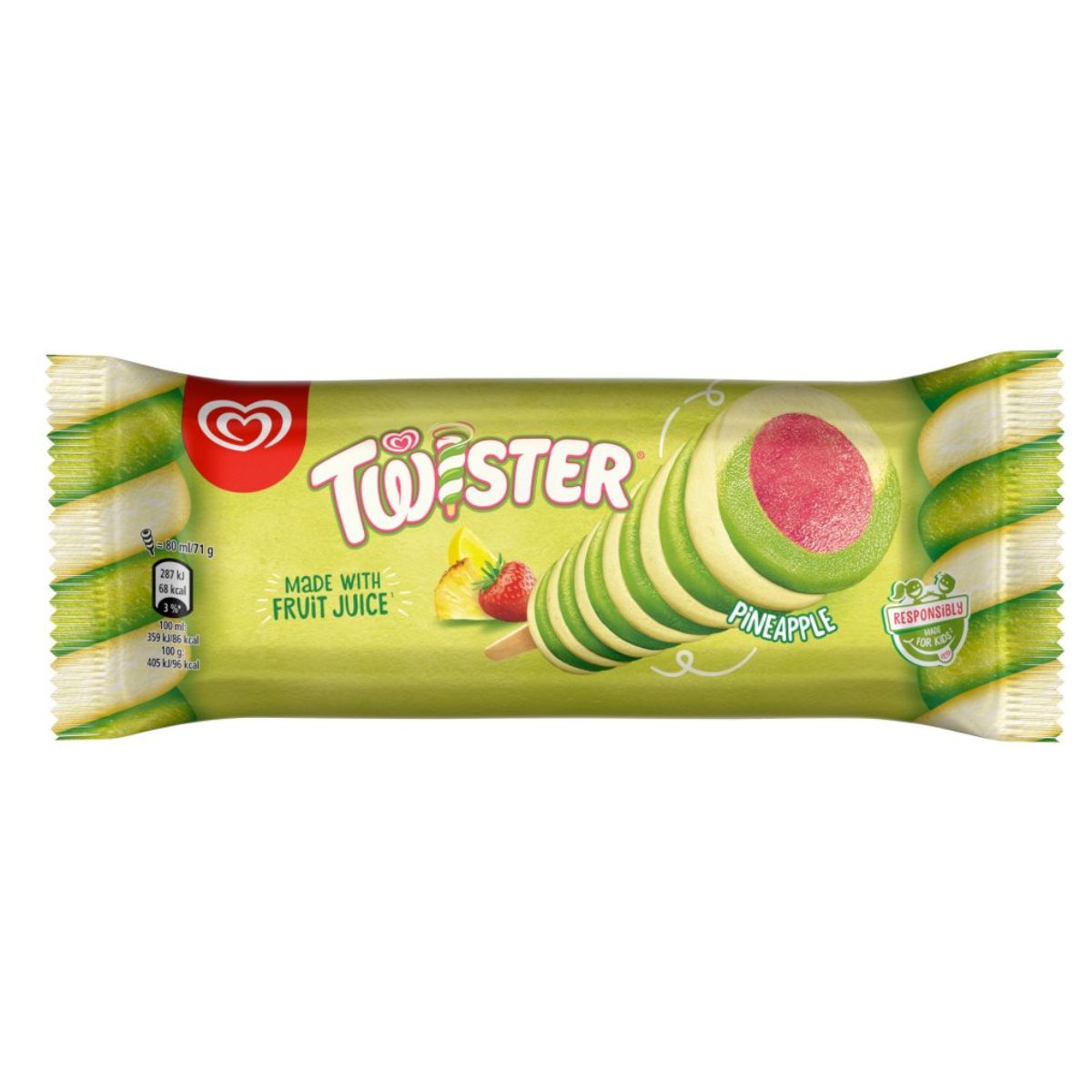 A Walls - Twister - 80ml packaging with fruit images and a "made with fruit juice" label. A Walls - Twister - 80ml packaging with fruit images and a "made with fruit juice" label.