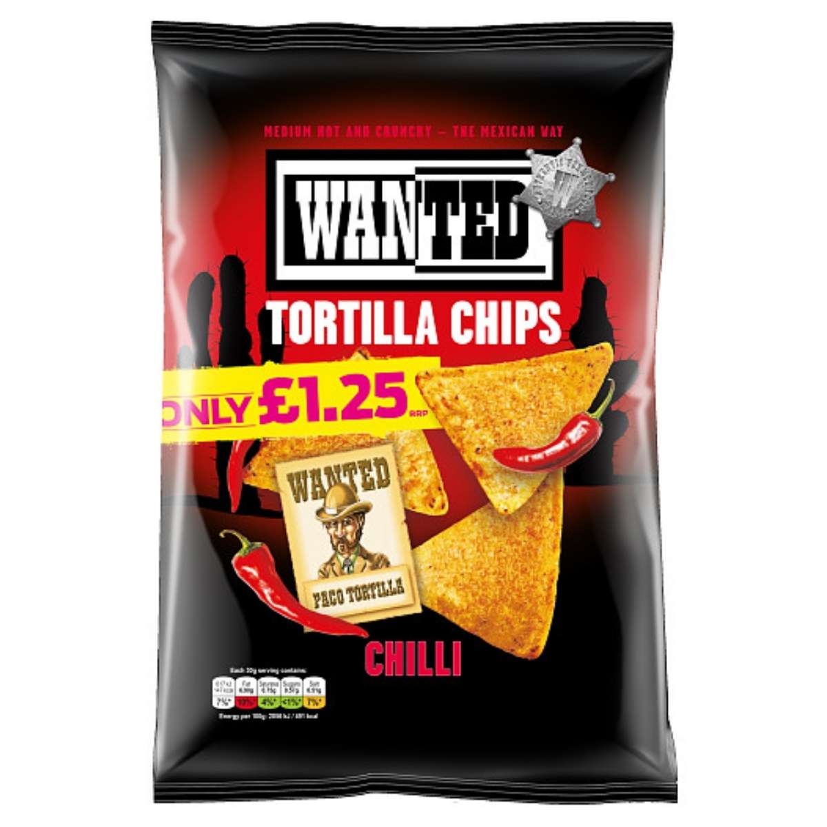 A bag of Wanted - Tortilla Chips Chilli (125g), showcasing a Western-themed design with chili peppers and a price tag of £1.25. A bag of Wanted - Tortilla Chips Chilli (125g), showcasing a Western-themed design with chili peppers and a price tag of £1.25.