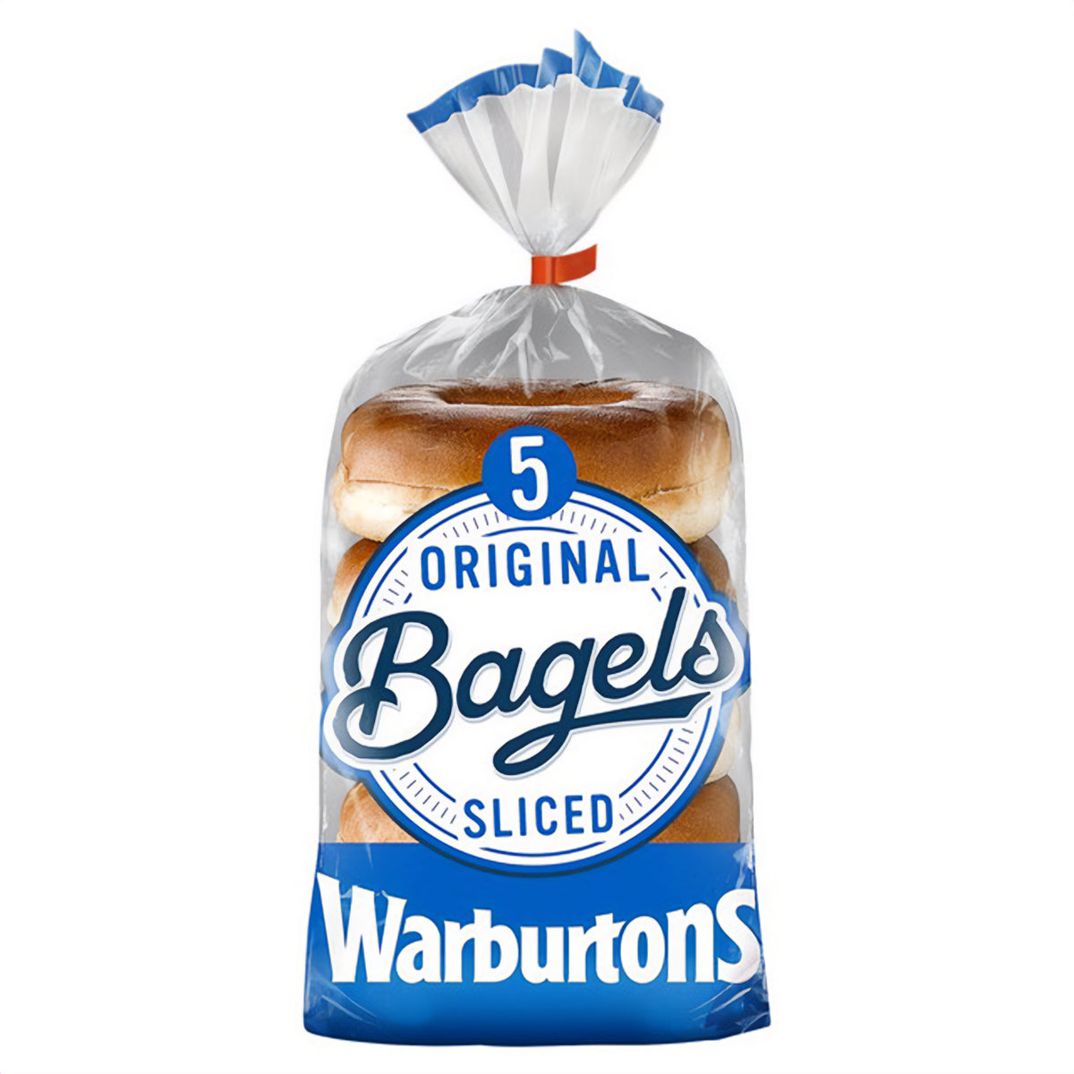 A bag of Warburtons - Bagels - 5 Original sliced on a white background. A bag of Warburtons - Bagels - 5 Original sliced on a white background.