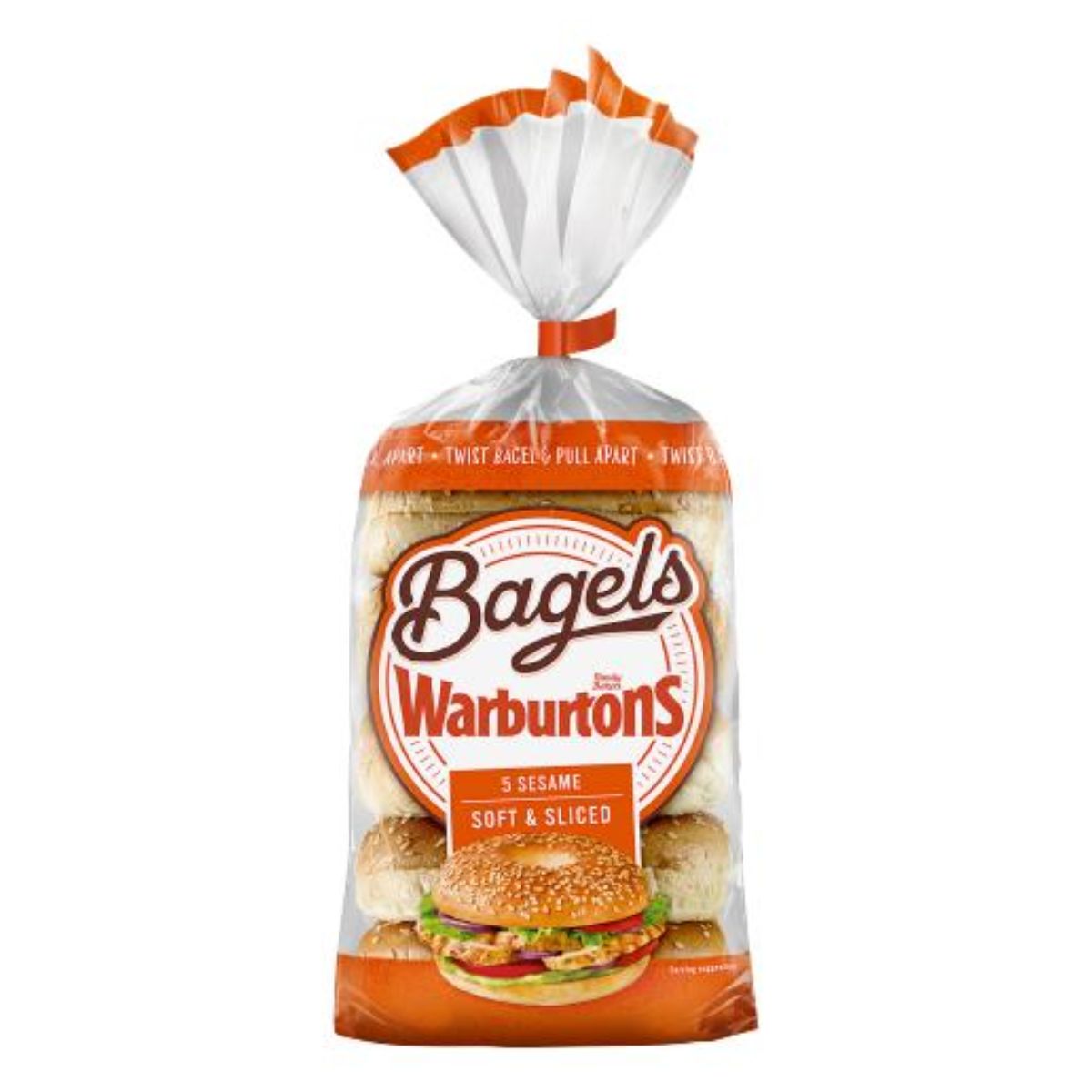 A bag of Warburtons - Sesame Bagels - 5pcs on a white background. A bag of Warburtons - Sesame Bagels - 5pcs on a white background.