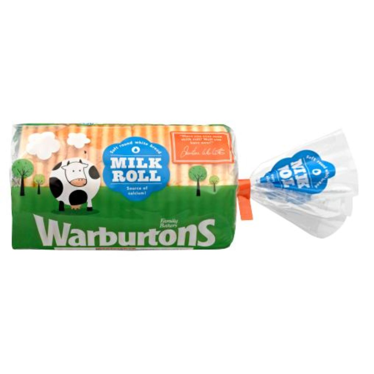 A bag of Warburtons - Soft Round White Bread Milk Roll - 400g on a white background.