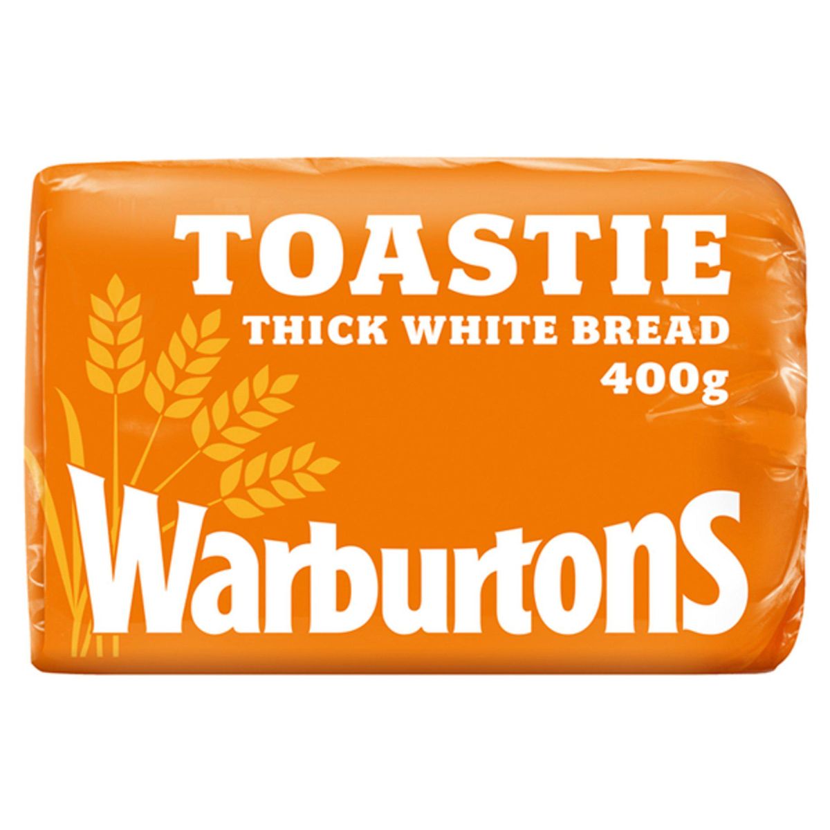 Packaging of Warburtons - Toastie Thick Sliced Soft White Bread - 400g, featuring orange wrapping with brand name and wheat graphics. Packaging of Warburtons - Toastie Thick Sliced Soft White Bread - 400g, featuring orange wrapping with brand name and wheat graphics.