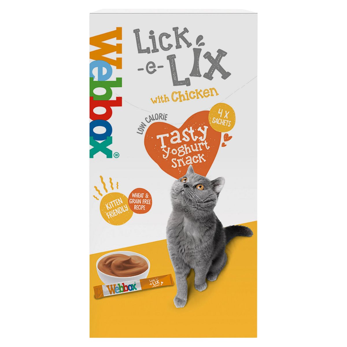 A box of Webbox - 5 Lick-e-Lix with Chicken Tasty Yoghurty Treat - 15g cat food with a cat on it.