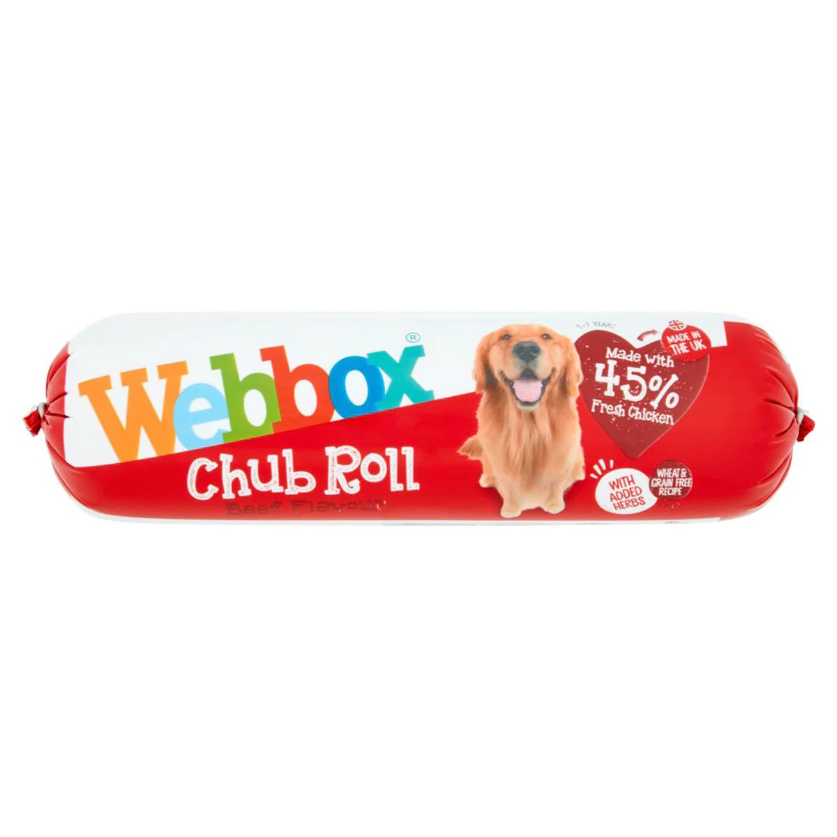 A packaged Webbox Chub Roll Beef Flavour dog food. A packaged Webbox Chub Roll Beef Flavour dog food.