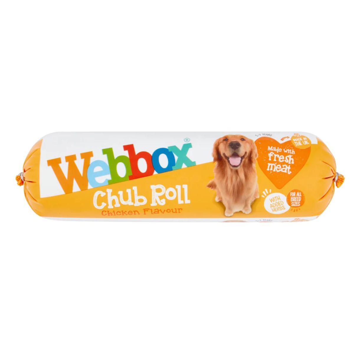 A packaged Webbox - Chub Roll Chicken Flavour (720g), featuring an image of a dog on the label. A packaged Webbox - Chub Roll Chicken Flavour (720g), featuring an image of a dog on the label.