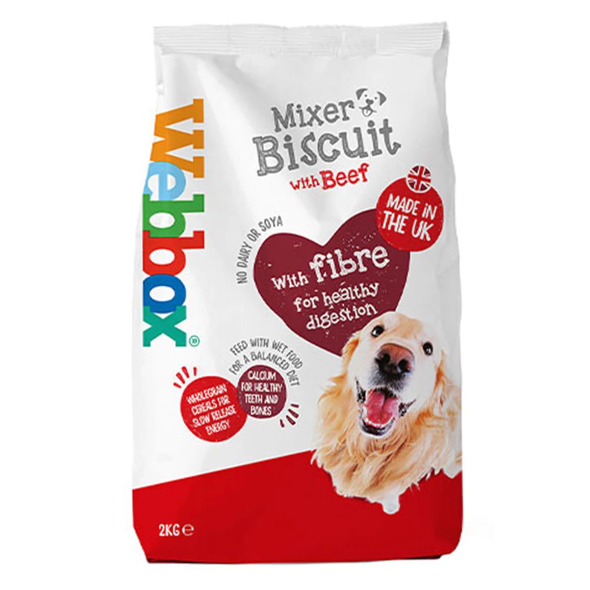 A package of Webbox - Whole Grain Mixer - 2kg dog food, highlighting fiber for healthy digestion and no added soya, made in the uk.