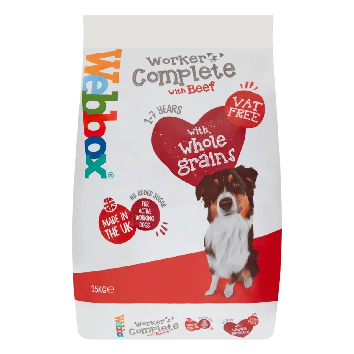 A bag of Webbox - Worker Complete with Beef 1-7 Years - 15kg with a dog on it. A bag of Webbox - Worker Complete with Beef 1-7 Years - 15kg with a dog on it.
