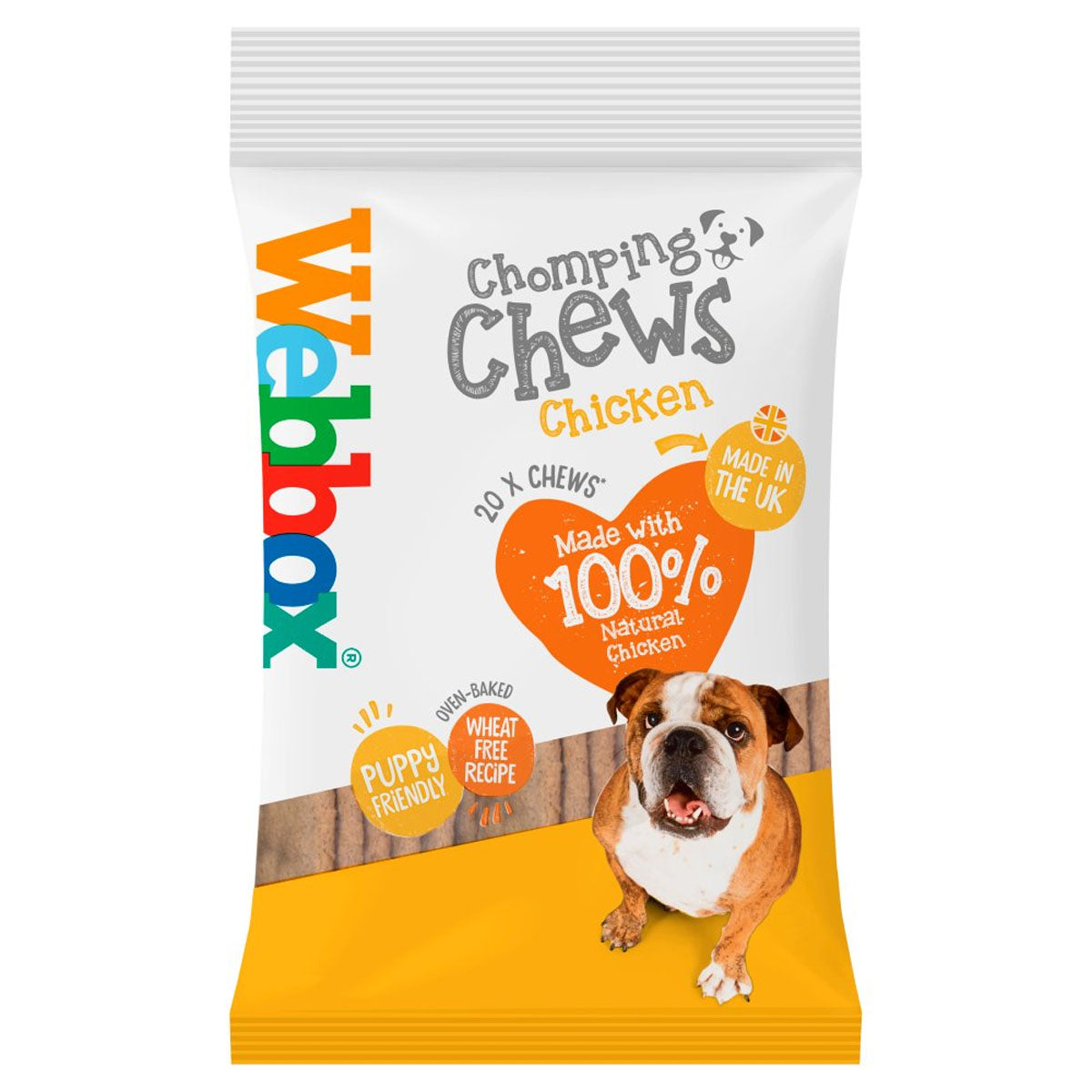 A bag of Webbox - 20 Chomping Chews Chicken - 200g. A bag of Webbox - 20 Chomping Chews Chicken - 200g.
