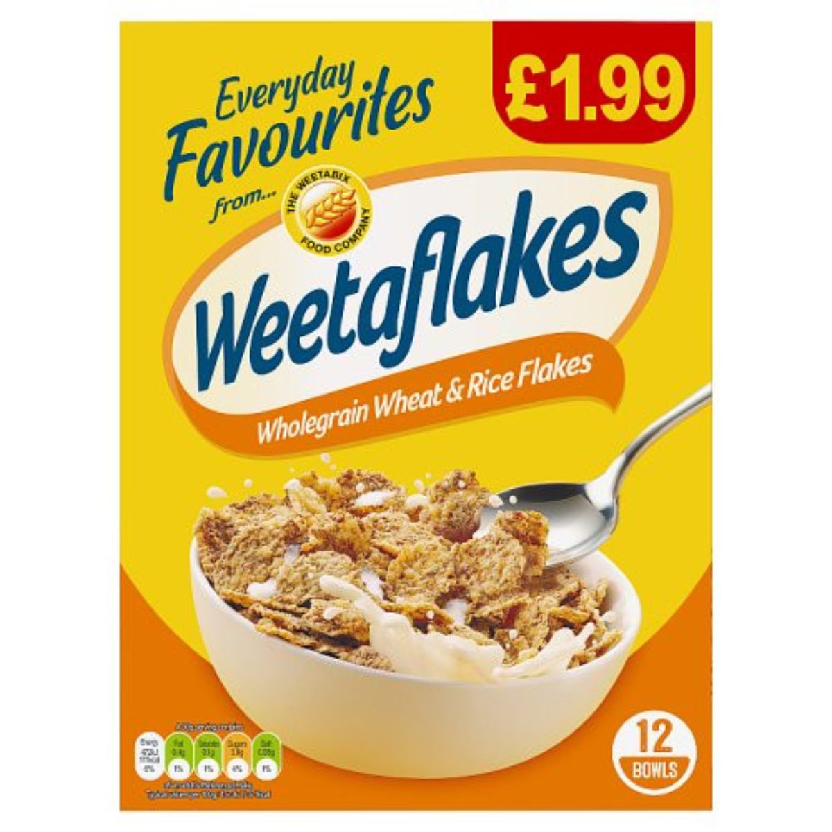 A box of Weetabix cereal with a spoon. A box of Weetabix cereal with a spoon.