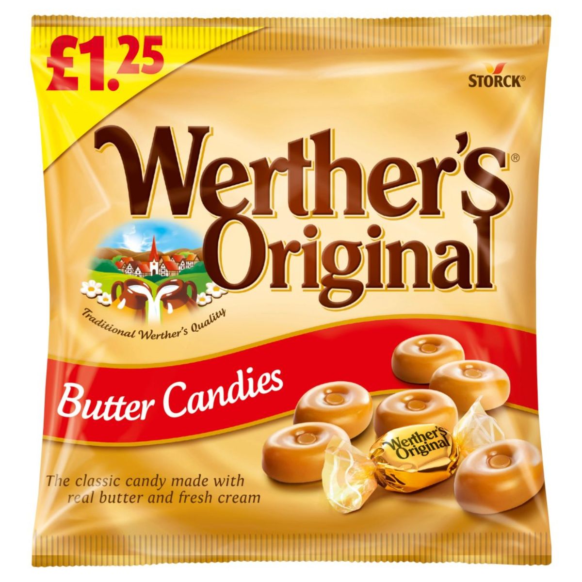 Werther's Original - Butter Candies - 110g, priced at £1.25, features caramel candies with a wrapped piece in the foreground. Werther's Original - Butter Candies - 110g, priced at £1.25, features caramel candies with a wrapped piece in the foreground.