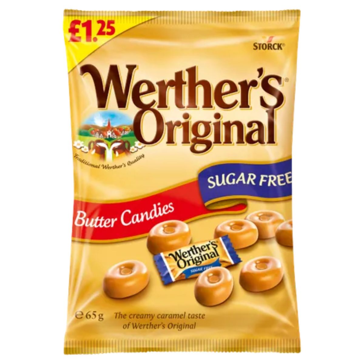 A 65g bag of Werther's Original Sugar Free Butter Candies, priced at £1.25, features yellow packaging with images of the candies and a small golden wrapper. A 65g bag of Werther's Original Sugar Free Butter Candies, priced at £1.25, features yellow packaging with images of the candies and a small golden wrapper.