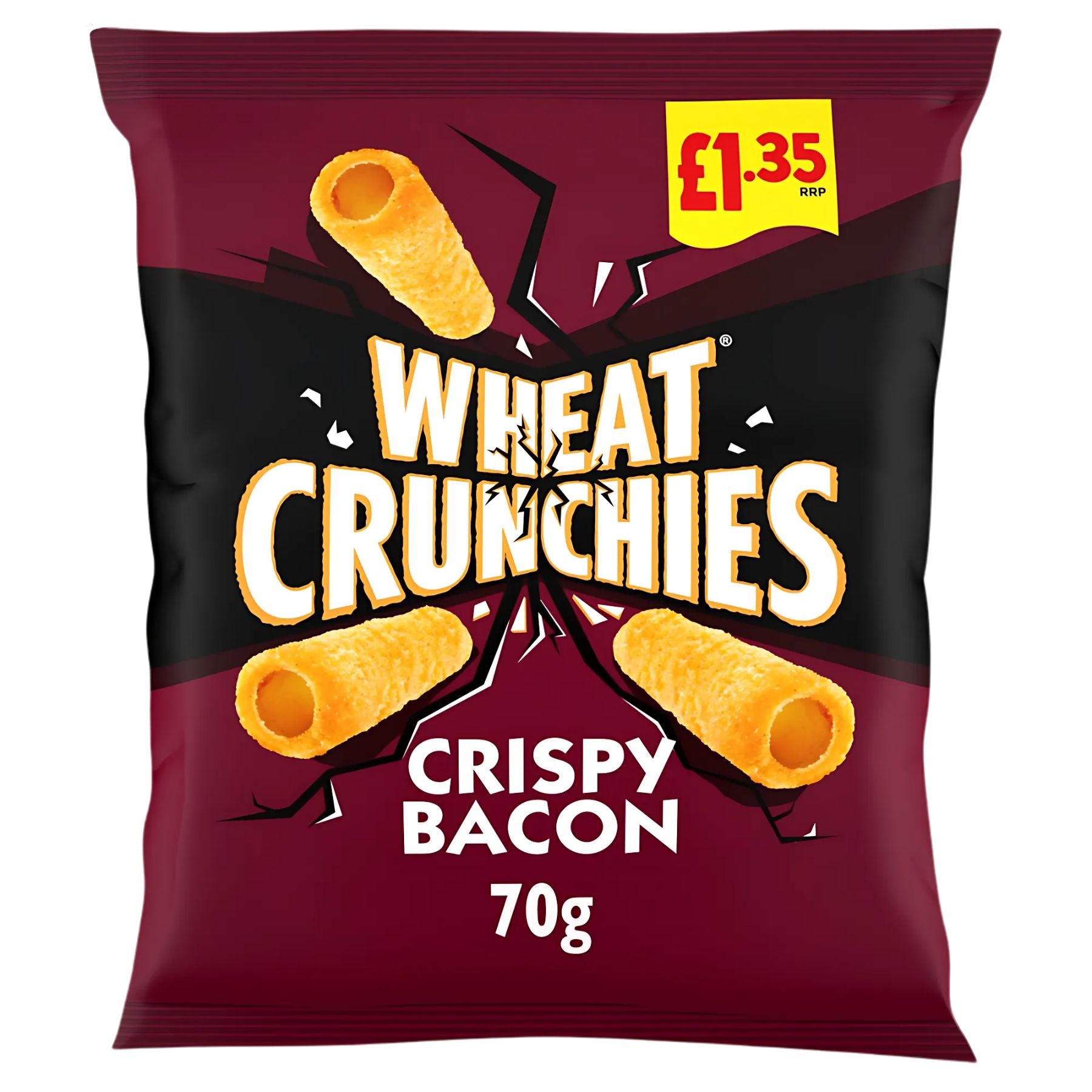 A 70g pack of Wheat Crunchies - Bacon Crisps with a £1.35 price label in the top right corner. A 70g pack of Wheat Crunchies - Bacon Crisps with a £1.35 price label in the top right corner.