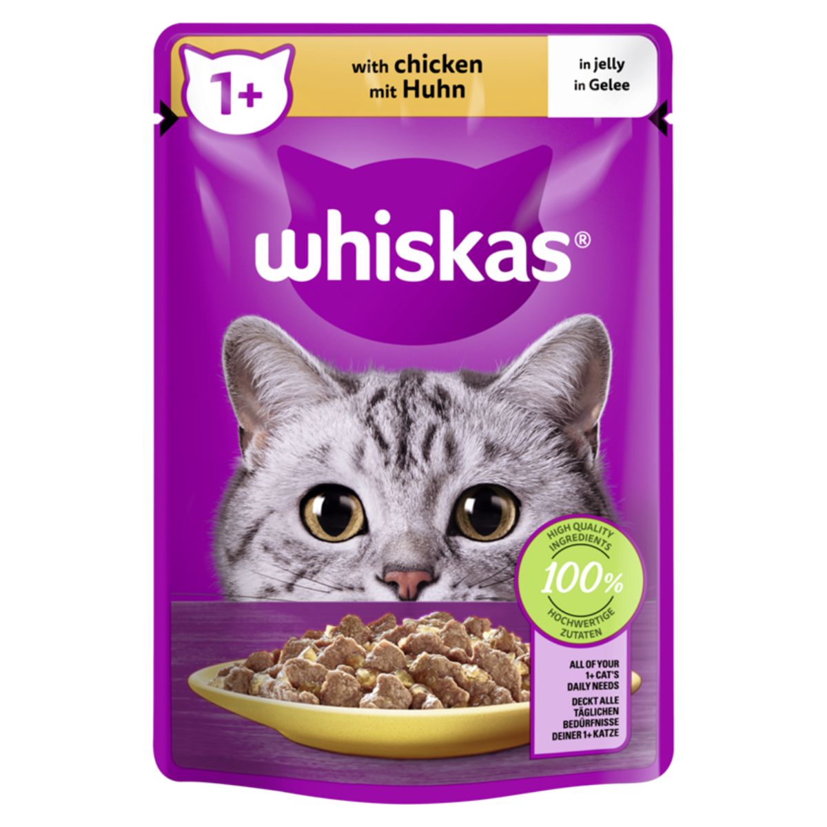 Whiskas - 1+ Adult Wet Cat Food Pouches in Jelly with Chicken - 85g cat food pouch with chicken and rice.