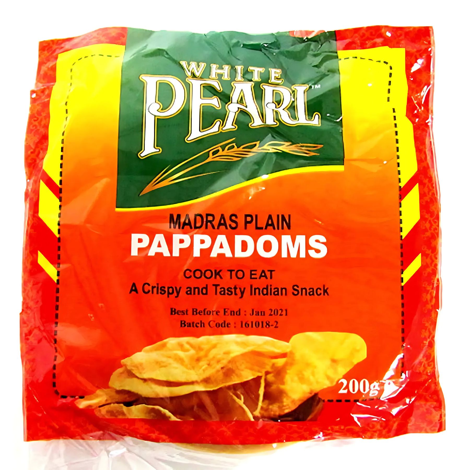 White Pearl - Plain Pappadoms - 10pcs (200g) offer a crispy, authentic Indian snack. Tasty, with cooking instructions and best before date on the front of the pack. White Pearl - Plain Pappadoms - 10pcs (200g) offer a crispy, authentic Indian snack. Tasty, with cooking instructions and best before date on the front of the pack.