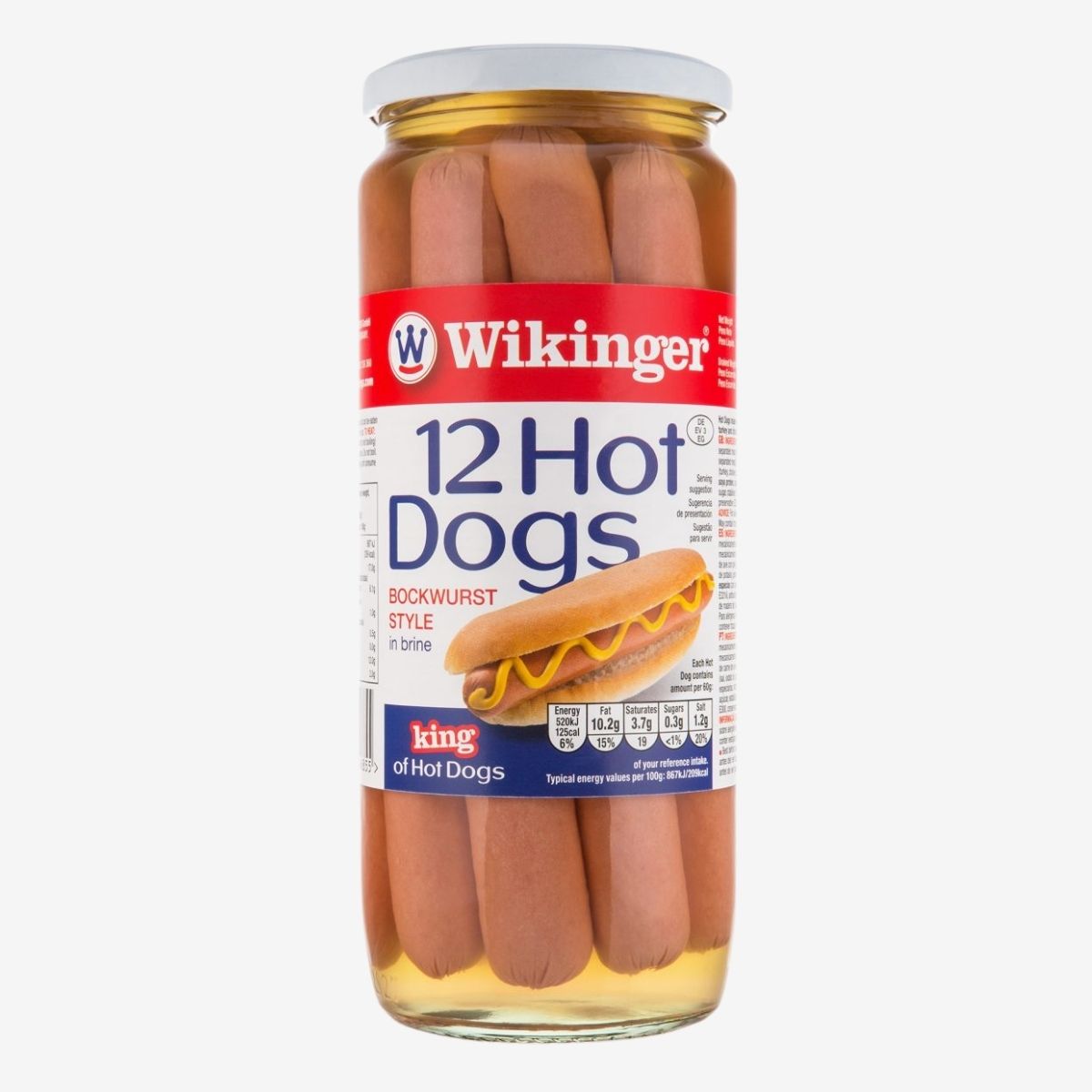 Enjoy a backyard barbecue with this jar of Wikinger 12 Hot Dogs (1030g) in brine. The label includes nutritional information and a hot dog graphic in a bun on the front. Enjoy a backyard barbecue with this jar of Wikinger 12 Hot Dogs (1030g) in brine. The label includes nutritional information and a hot dog graphic in a bun on the front.