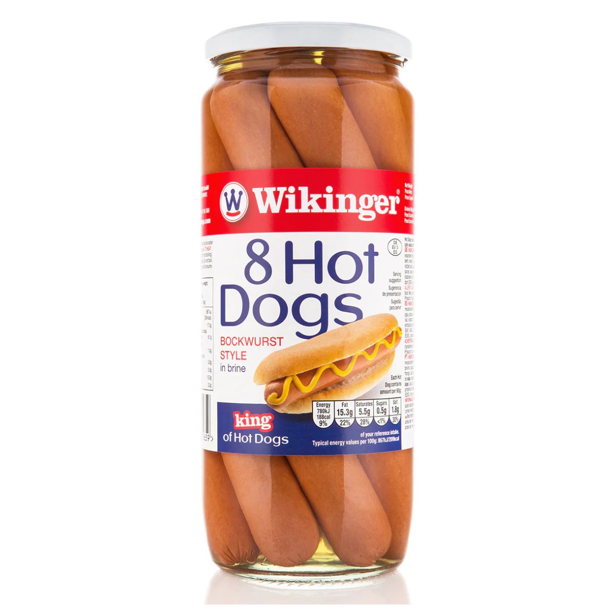 Jar of Wikinger - 8 Hot Dogs in Brine - 1030g. Jar of Wikinger - 8 Hot Dogs in Brine - 1030g.