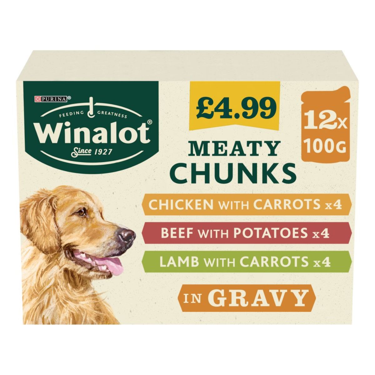 Purina Winalot meaty chunks with chicken, carrots, potatoes and gravy. Purina Winalot meaty chunks with chicken, carrots, potatoes and gravy.