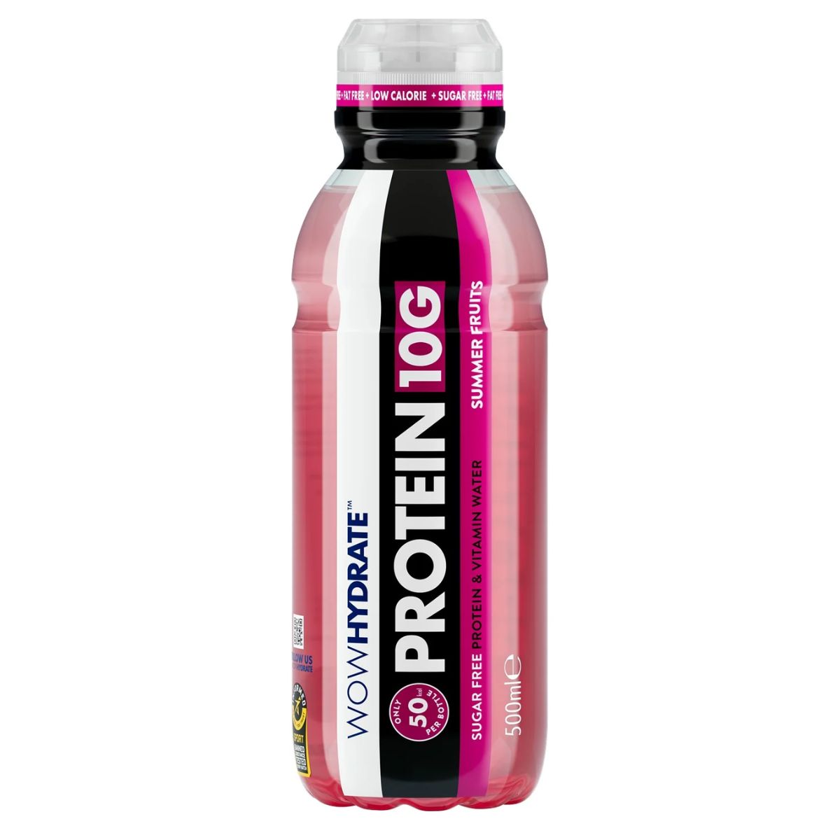 A bottle of Wow Hydrate - Protein 10g Summer Fruits - 500ml on a white background. A bottle of Wow Hydrate - Protein 10g Summer Fruits - 500ml on a white background.