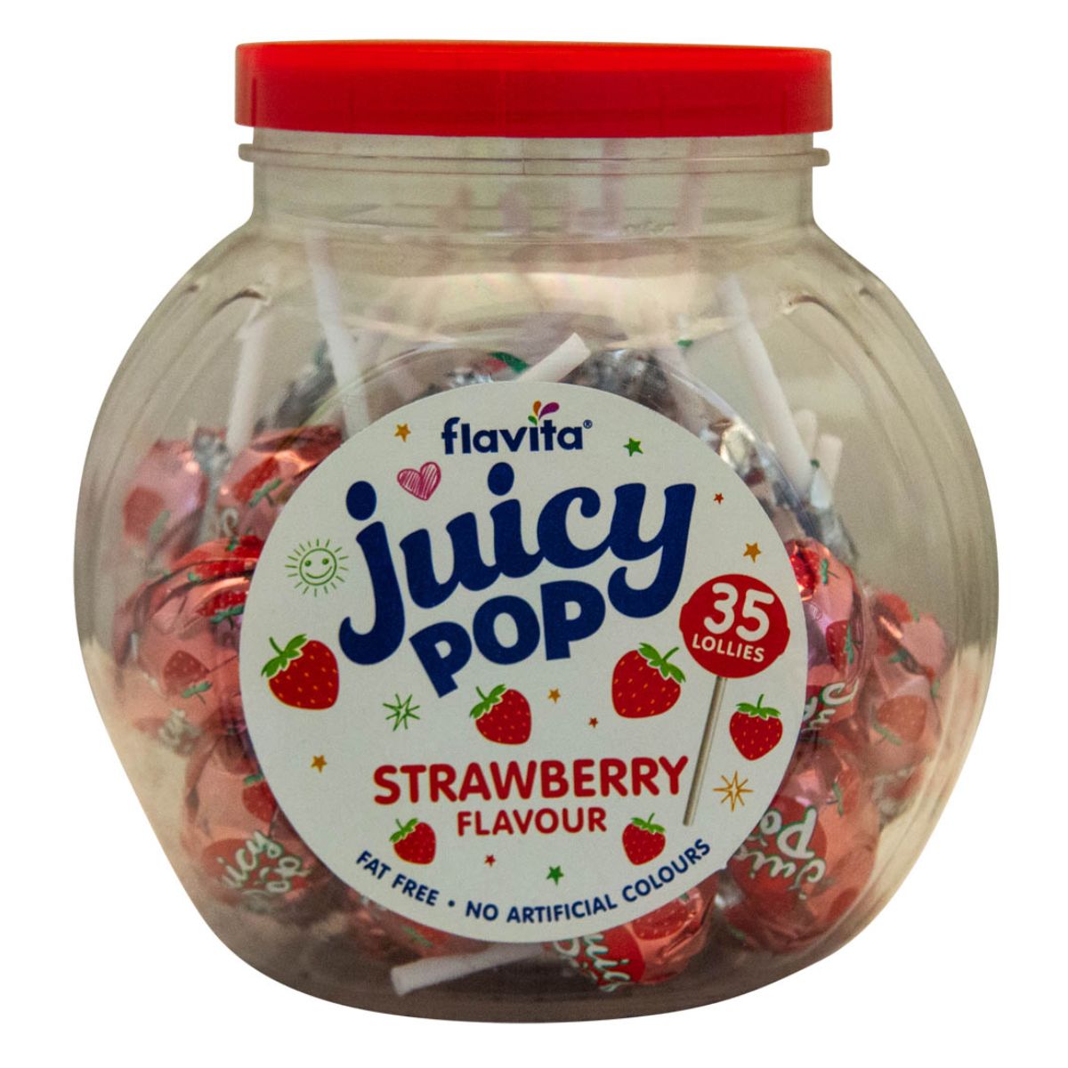 Wow Pop jar filled with strawberry-flavored lollipops displaying a label with nutritional details. Wow Pop jar filled with strawberry-flavored lollipops displaying a label with nutritional details.