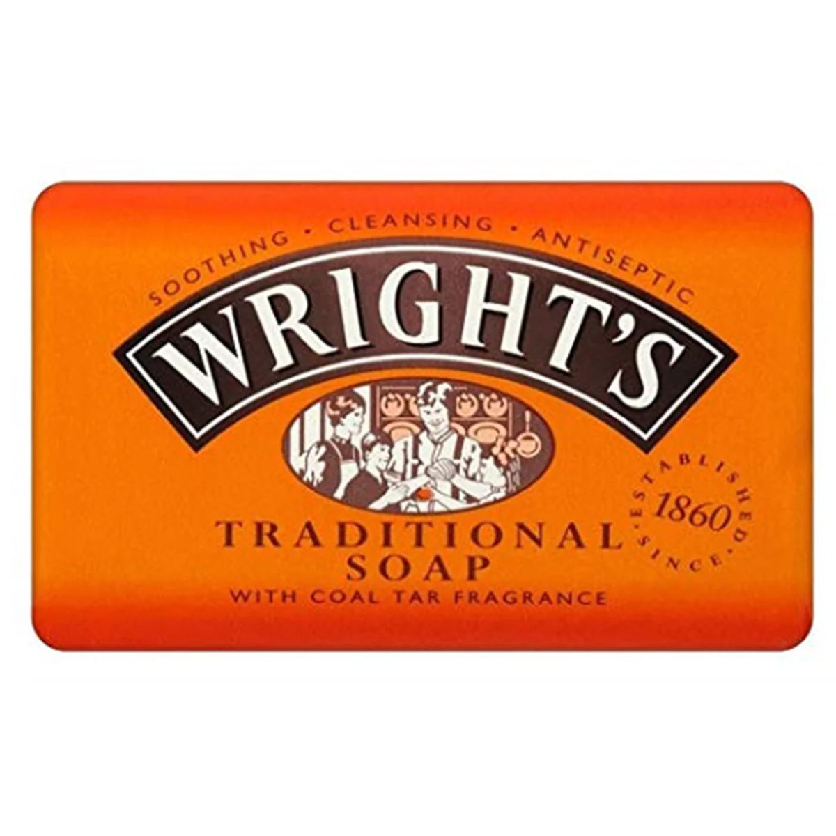 A pack of Wrights - 4 Bars Traditional Soap with coal tar fragrance, marketed as soothing, cleansing, and antiseptic.