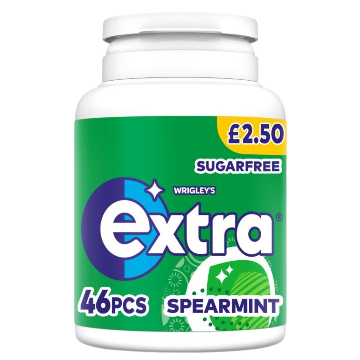 Green bottle of Wringley's Extra Spearmint Sugarfree Chewing Gum, containing 46 pieces and priced at £2.50. Green bottle of Wringley's Extra Spearmint Sugarfree Chewing Gum, containing 46 pieces and priced at £2.50.