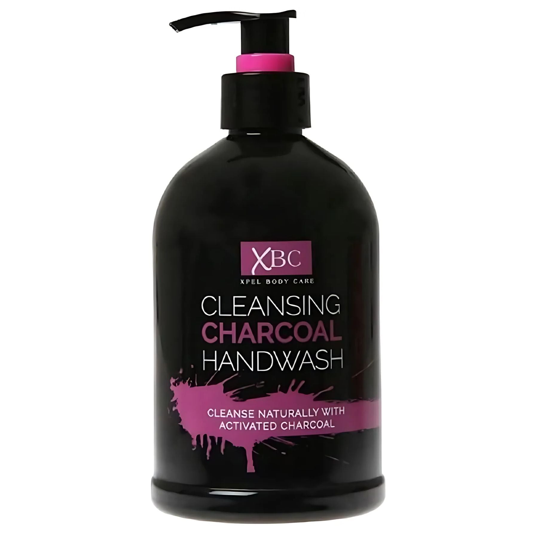 A black pump bottle labeled "XBC - Cleansing Charcoal Handwash - 500ml" with pink accents, featuring deep cleansing power from activated charcoal. A black pump bottle labeled "XBC - Cleansing Charcoal Handwash - 500ml" with pink accents, featuring deep cleansing power from activated charcoal.