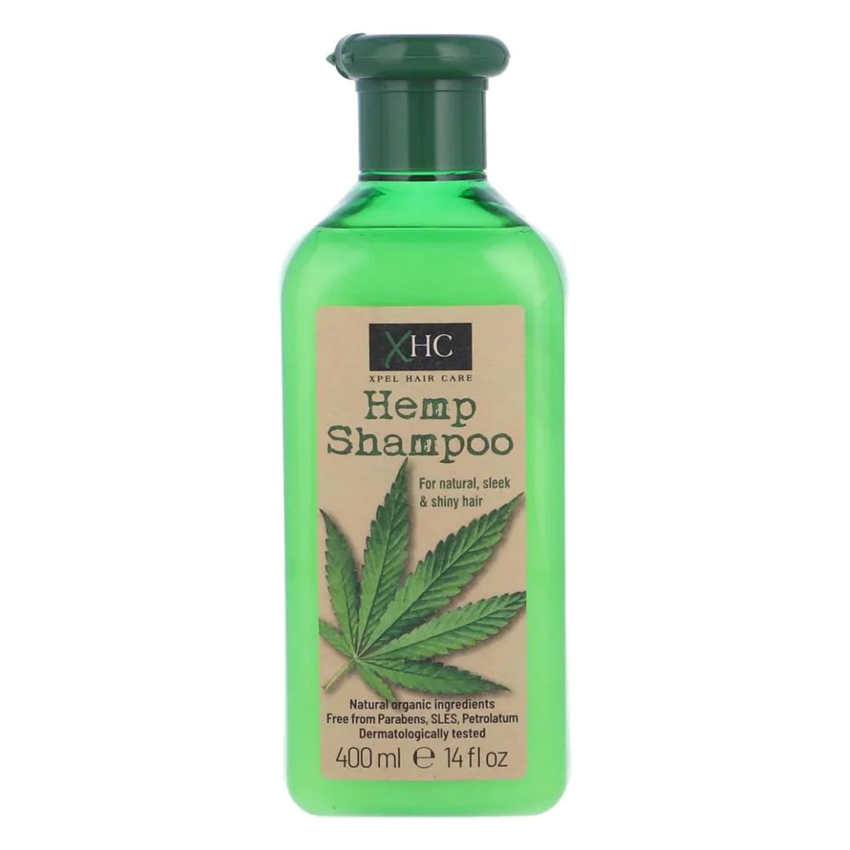 Sentence with product name: A bottle of XHC Hemp Shampoo - 400ml for natural, sleek, and shiny hair.
