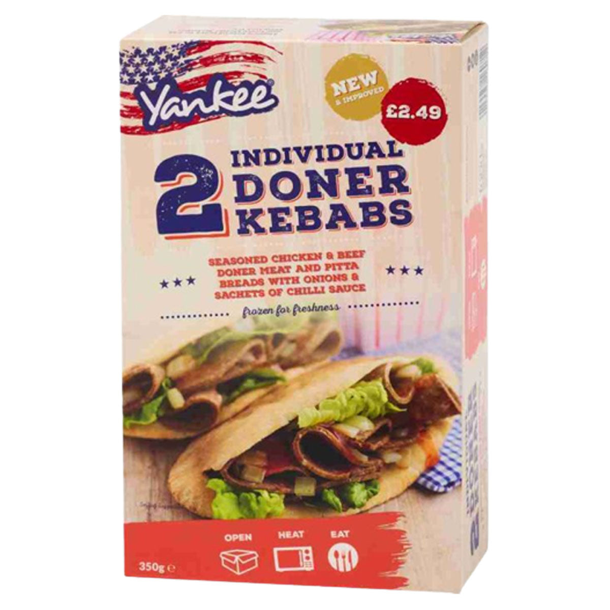 A box of Yankee - 2 Doner Kebab - 350g individual doner kebabs. A box of Yankee - 2 Doner Kebab - 350g individual doner kebabs.