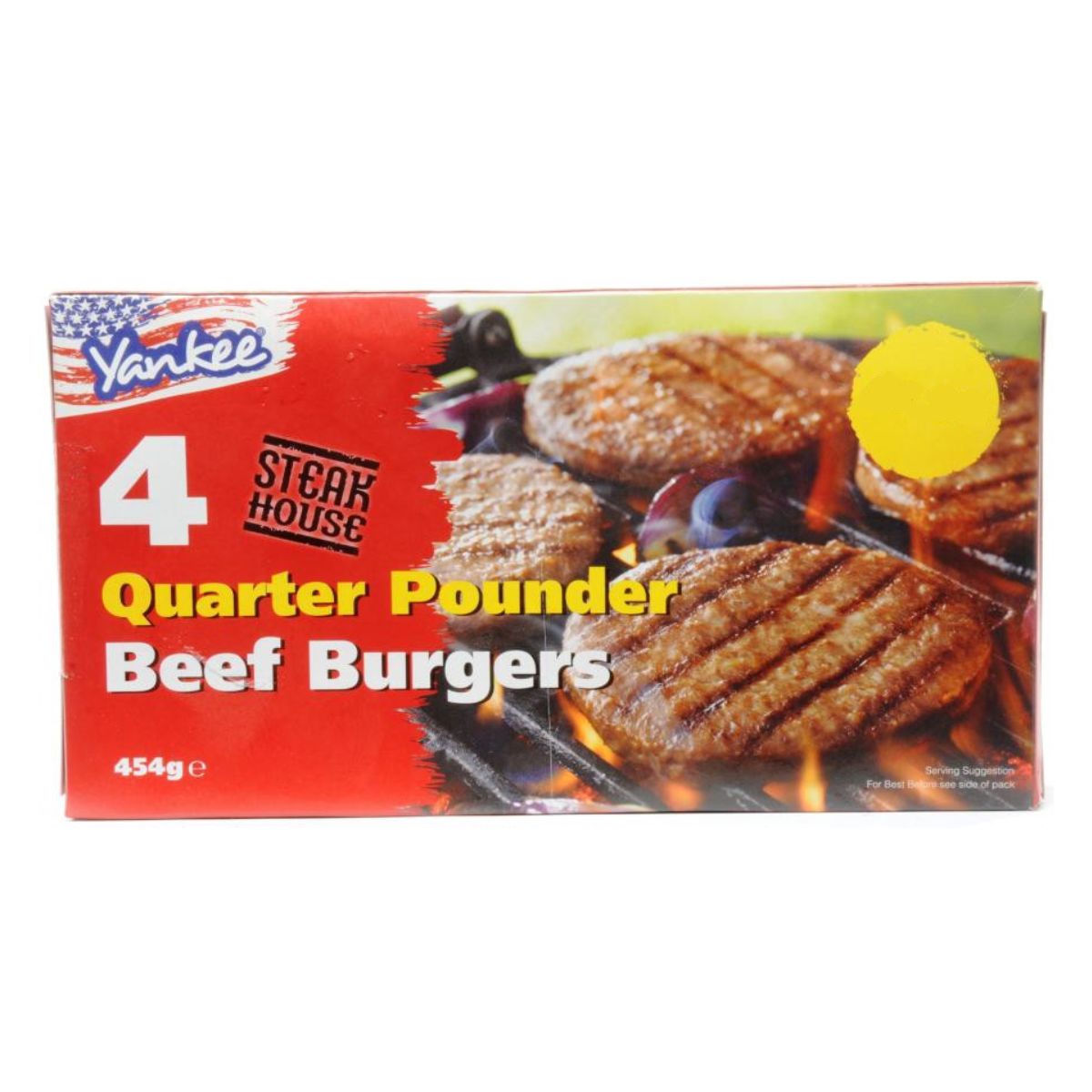 A box of Yankee - 4 Quarter Pounder Beef Burgers - 454g. A box of Yankee - 4 Quarter Pounder Beef Burgers - 454g.