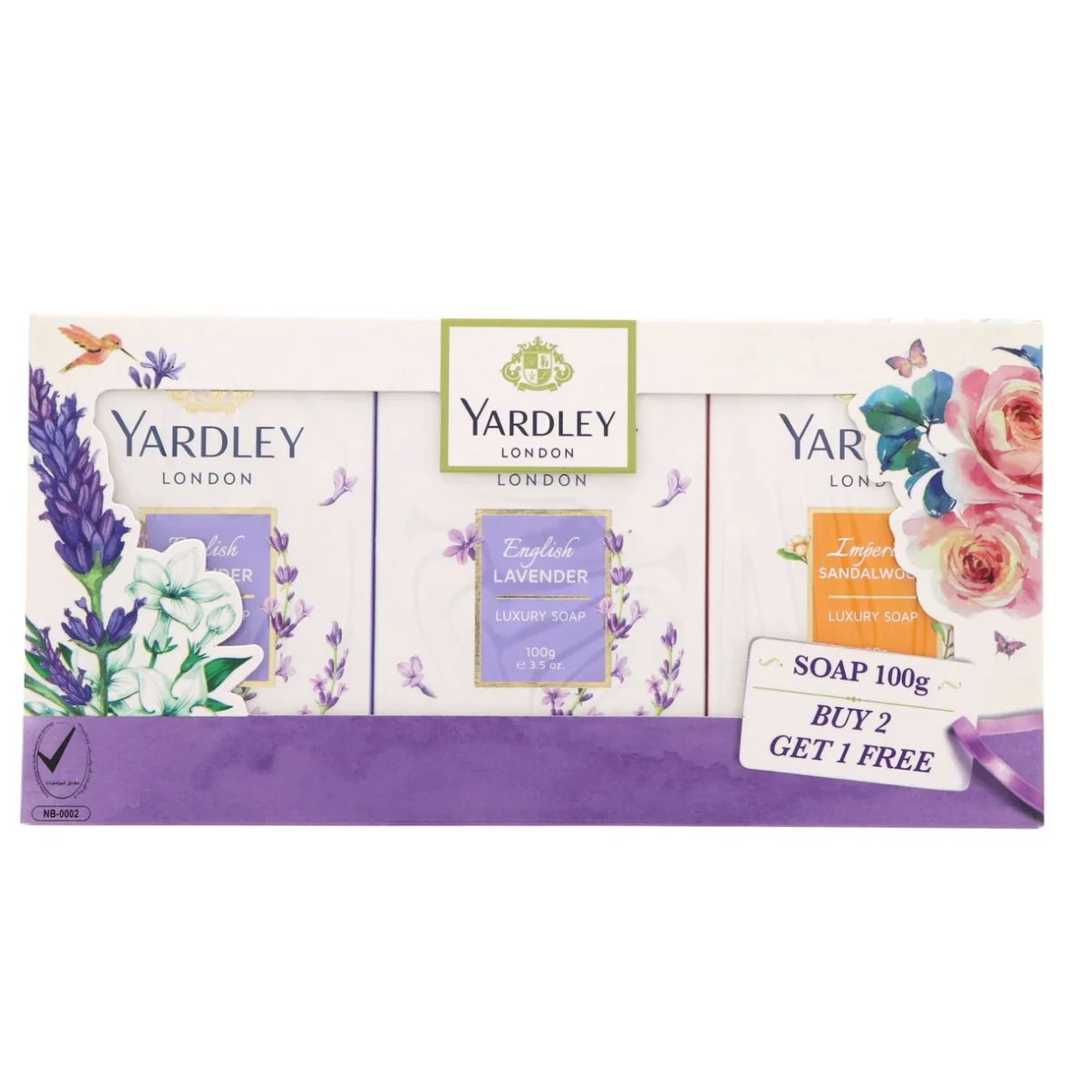 A pack of three Yardley - London Ladies Luxury Soaps with a 'buy 2 get 1 free' offer.