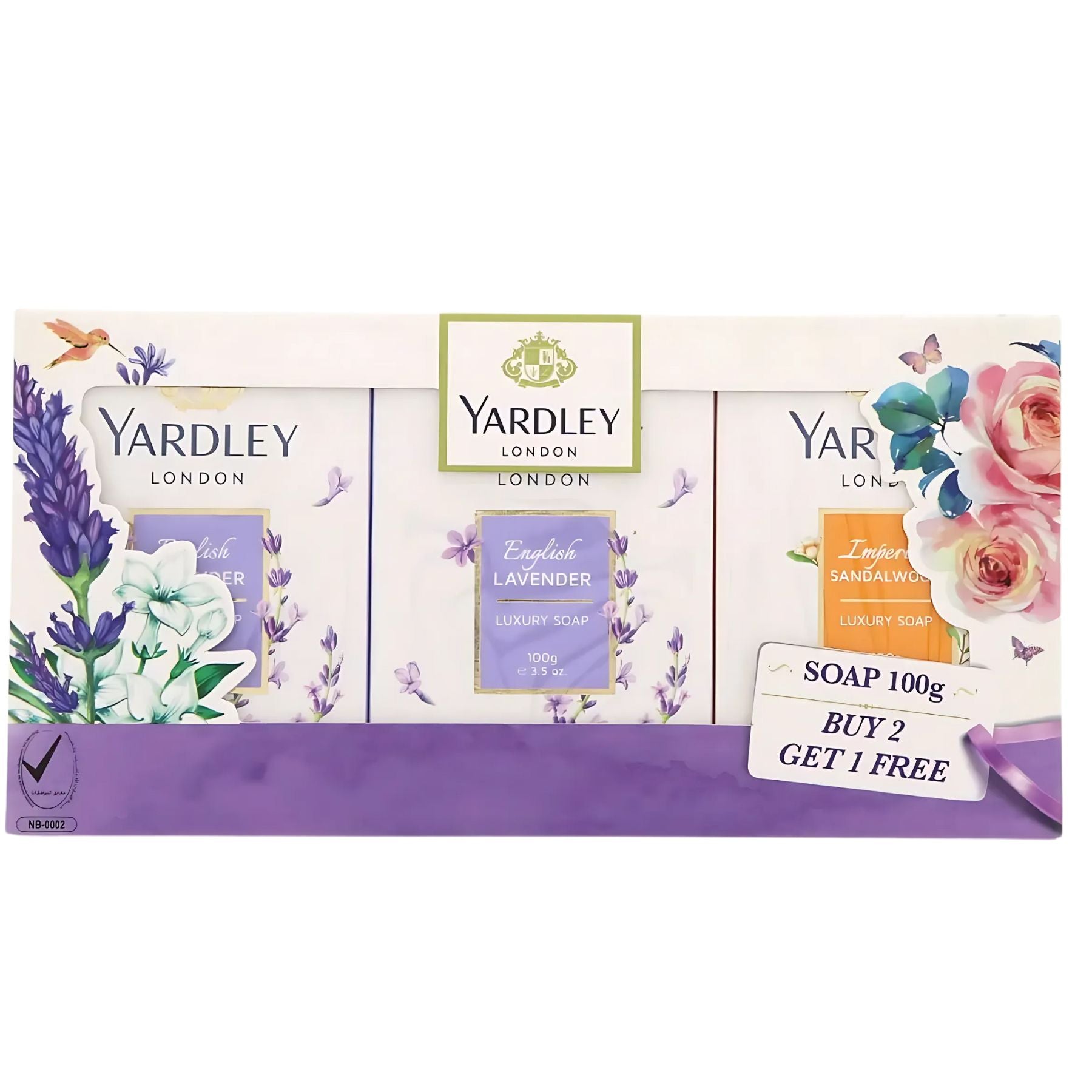 Yardley - London Ladies Luxury Soap - 3 Bars gift pack includes English Lavender and Imperial Sandalwood soaps with floral and butterfly designs, plus a "Buy 2 Get 1 Free" offer. Yardley - London Ladies Luxury Soap - 3 Bars gift pack includes English Lavender and Imperial Sandalwood soaps with floral and butterfly designs, plus a "Buy 2 Get 1 Free" offer.