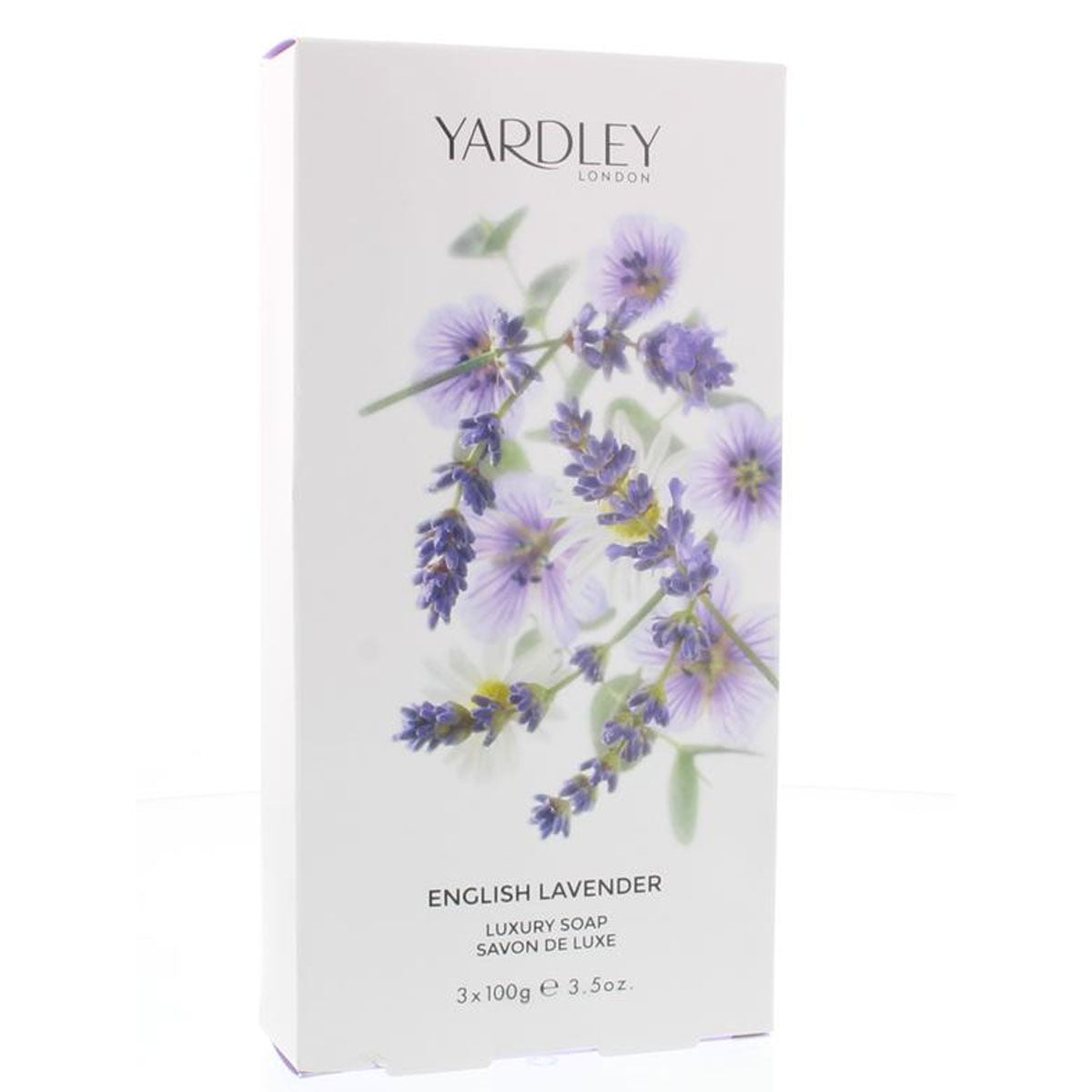 A white box of Yardley Of London Ladies English Lavender Soap (3x100g), featuring a floral lavender design on the front. A white box of Yardley Of London Ladies English Lavender Soap (3x100g), featuring a floral lavender design on the front.