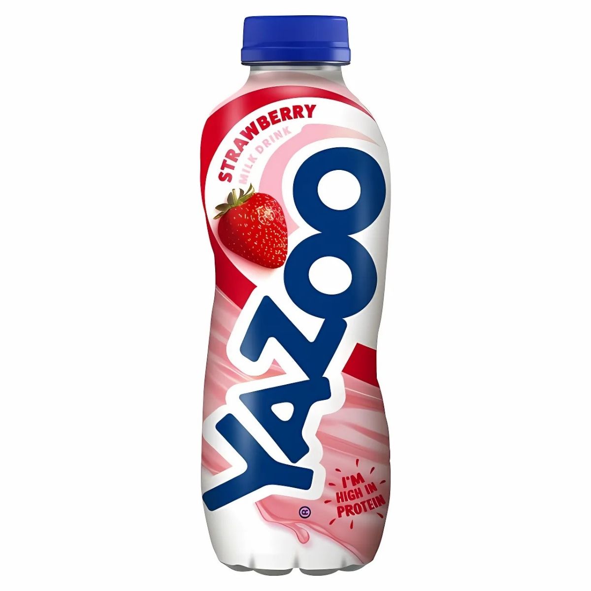 Yazoo - Strawberry Milk Drink - 400ml comes in a bottle with a blue cap, large blue logo, and strawberry image on a white and pink background. The label states "I'm high in protein," making it the perfect refreshing drink. Yazoo - Strawberry Milk Drink - 400ml comes in a bottle with a blue cap, large blue logo, and strawberry image on a white and pink background. The label states "I'm high in protein," making it the perfect refreshing drink.