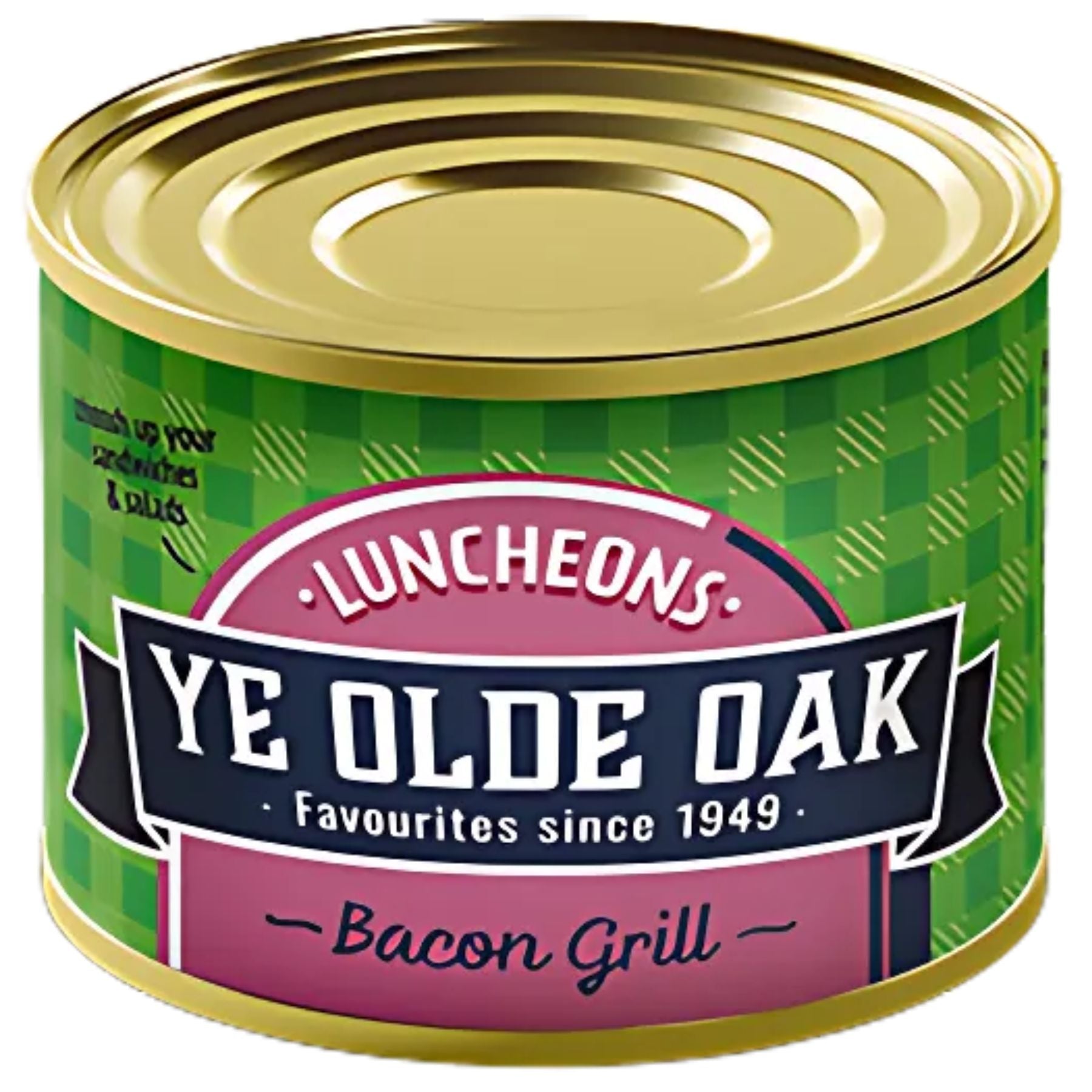 A 200g can of Ye Olde Oak Bacon Grill Luncheons with a green and pink label and gold lid—enjoy classic bacon grill flavor from the brand "Favourites since 1949. A 200g can of Ye Olde Oak Bacon Grill Luncheons with a green and pink label and gold lid—enjoy classic bacon grill flavor from the brand "Favourites since 1949.