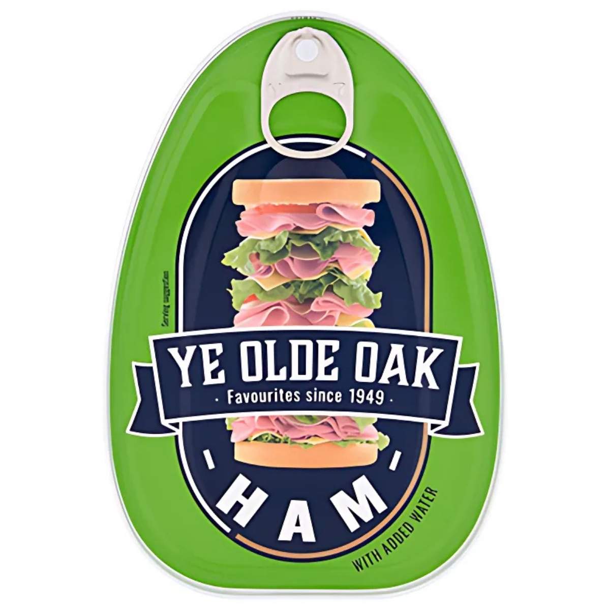Tin of Ye Olde Oak Ham - 325g, showcasing a tender and succulent texture with an illustrated sandwich on a green and blue label. It proudly features the phrases "Favourites since 1949" and "Ham with added water," ensuring high-quality ingredients in every bite. Tin of Ye Olde Oak Ham - 325g, showcasing a tender and succulent texture with an illustrated sandwich on a green and blue label. It proudly features the phrases "Favourites since 1949" and "Ham with added water," ensuring high-quality ingredients in every bite.