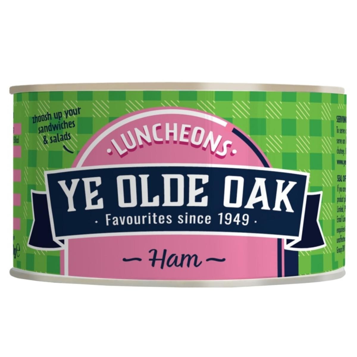 A 200g can of Ye Olde Oak - Ham Luncheons, with its green and pink label and "Favourites since 1949" text, is perfect for crafting delicious sandwiches. A 200g can of Ye Olde Oak - Ham Luncheons, with its green and pink label and "Favourites since 1949" text, is perfect for crafting delicious sandwiches.