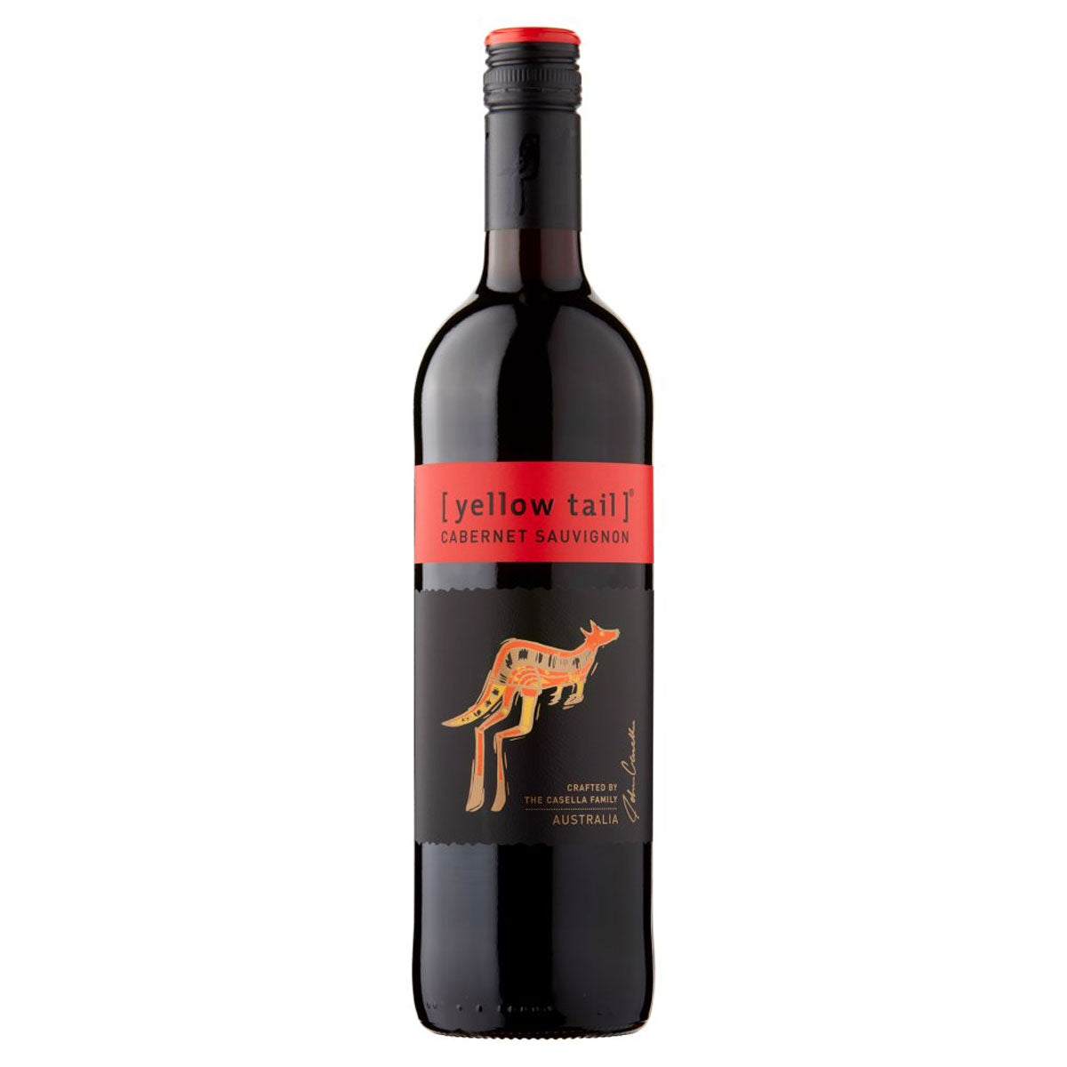 A bottle of Yellow Tail - Cabernet Sauvignon (13.5% ABV) - 750ml with a kangaroo on it.